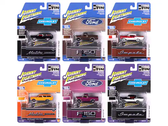 **Top Row:**
1. **Chevrolet Malibu**
- Johnny Lightning
- Limited Edition Collector's Fact
- 1958 Chevrolet 2-Door Wagon
- Version 1
- Release 2
- 6+ years
- Pro Collector Storage Tin
2. **Ford F-150 XL**
- Johnny Lightning
- Limited Edition Collector's Fact
- 1958 Ford F-150
- Version 2
- Release 2
- 6+ years
- Pro Collector Storage Tin
3. **Chevrolet Impala**
- Johnny Lightning
- Limited Edition Collector's Fact
- 1958 Chevrolet Impala
- Version 3
- Release 2
- 6+ years
- Pro Collector Storage Tin
**Bottom Row:**
1. **Chevrolet Malibu**
- Johnny Lightning
- Limited Edition Collector's Fact
- 1958 Chevrolet 2-Door Wagon
- Version 1
- Release 2
- 6+ years
- Pro Collector Storage Tin