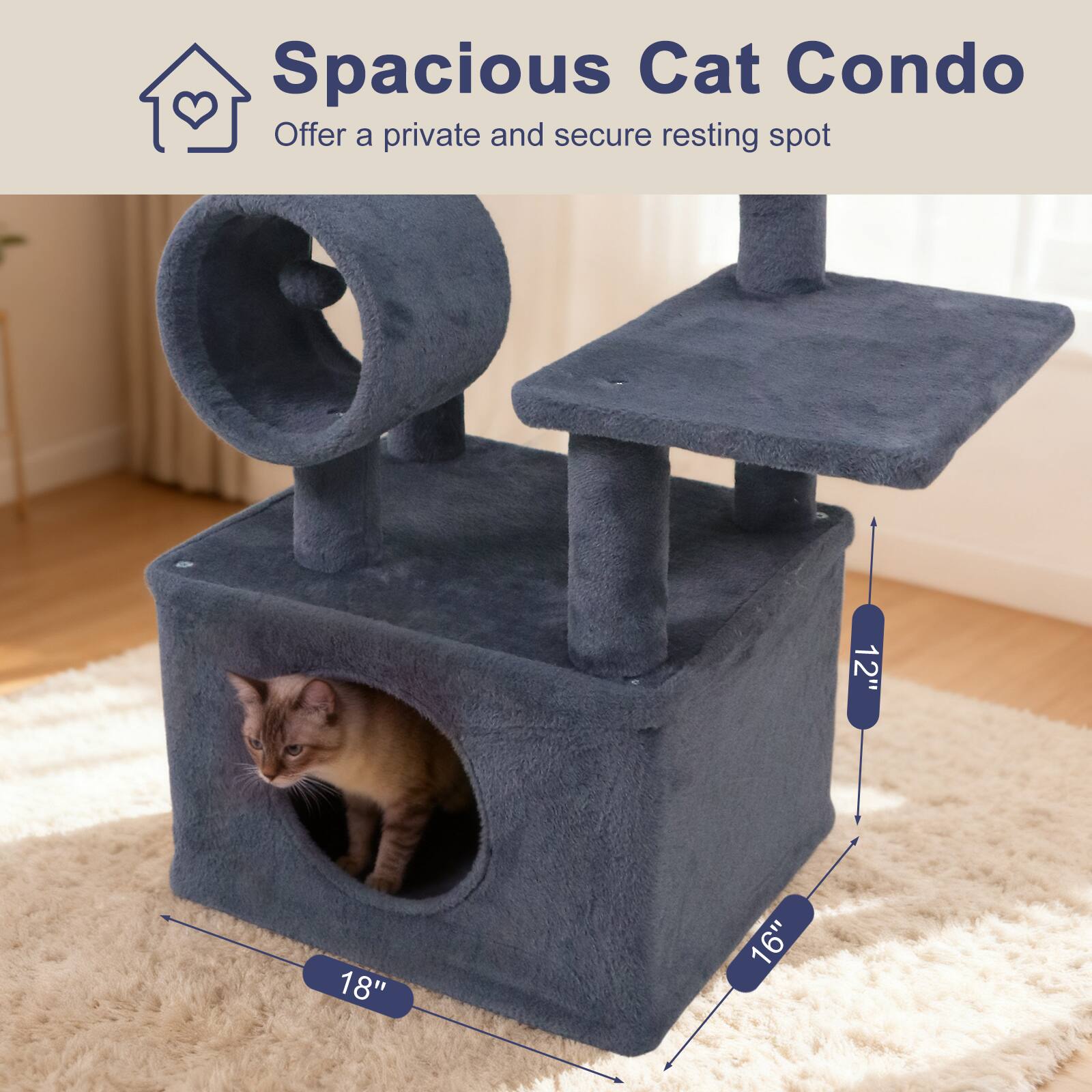 Spacious Cat Condo  
Offer a private and secure resting spot  

12"  
18"  
16"