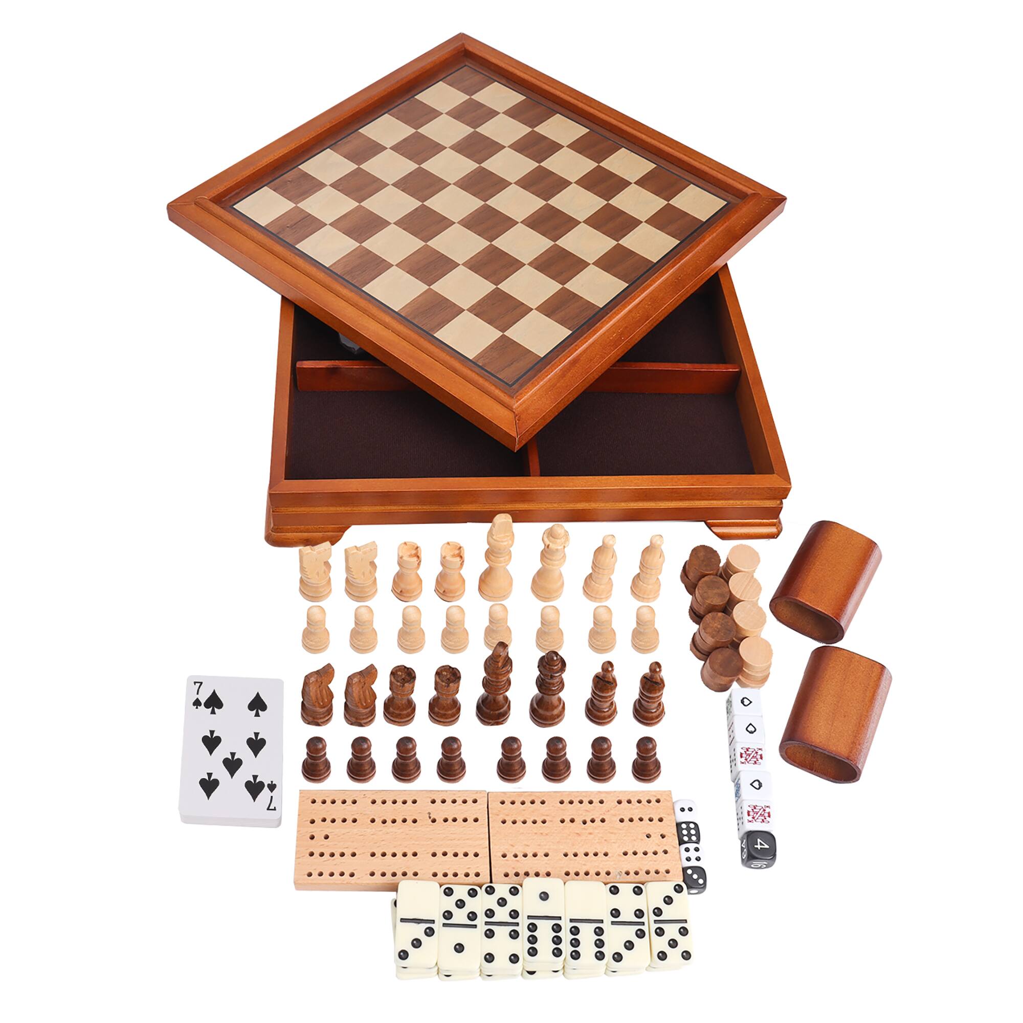 Front. GSE Games & Sports Expert - Deluxe 7 in 1 Board Game Set - Chess/Checker/Backgammon/Dominoes/Cribbage Board/Playing Card/Poker Dice.