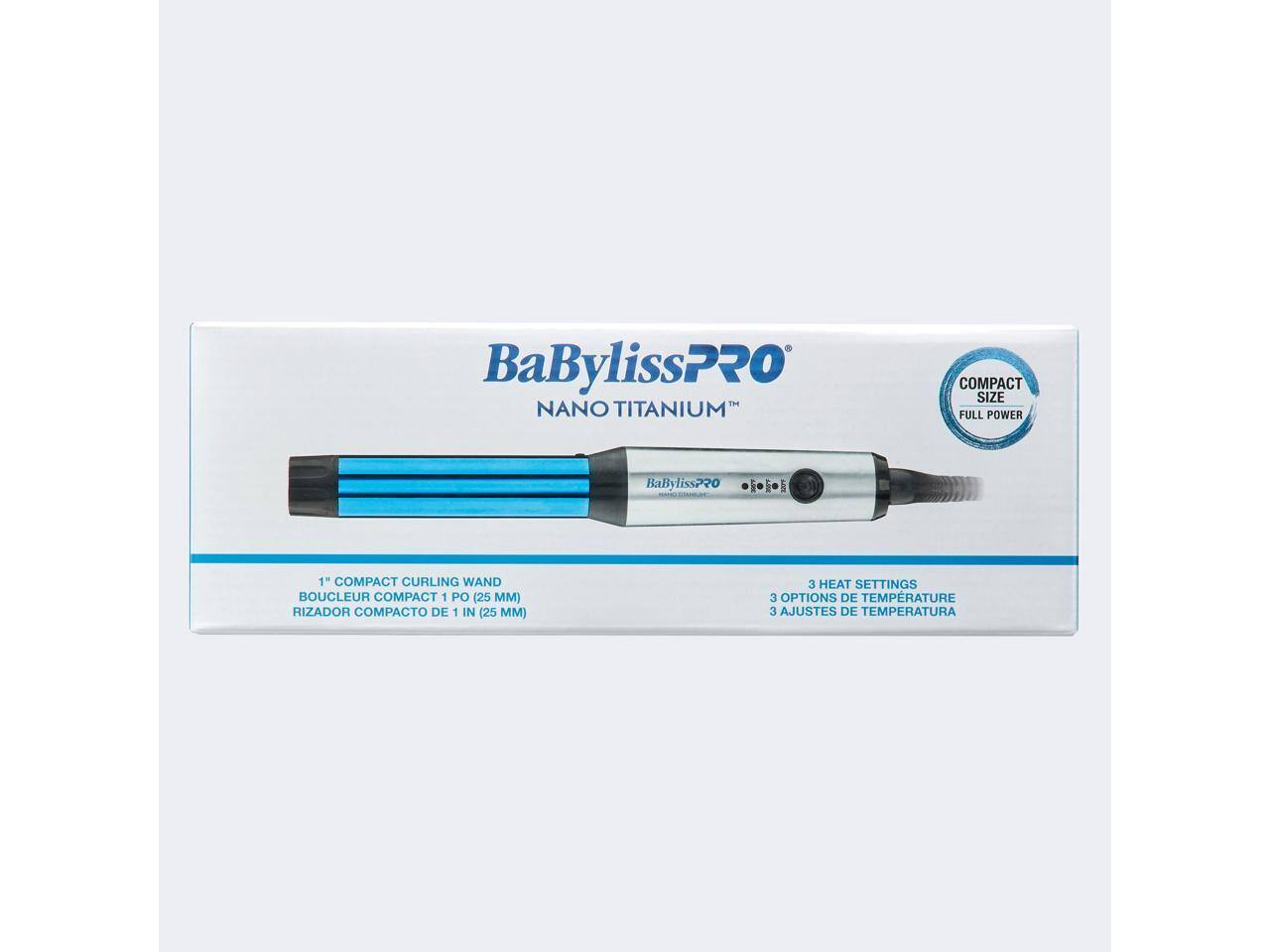 BaBylissPRO NANO TITANIUM COMPACT SIZE FULL POWER  
BaBylissPRO 1" COMPACT CURLING WAND  
BOUCLEUR COMPACT 1 PO (25 MM)  
RIZADOR COMPACTO DE 1 IN (25 MM)  
3 HEAT SETTINGS  
3 OPTIONS DE TEMPERATURE  
3 AJUSTES DE TEMPERATURA