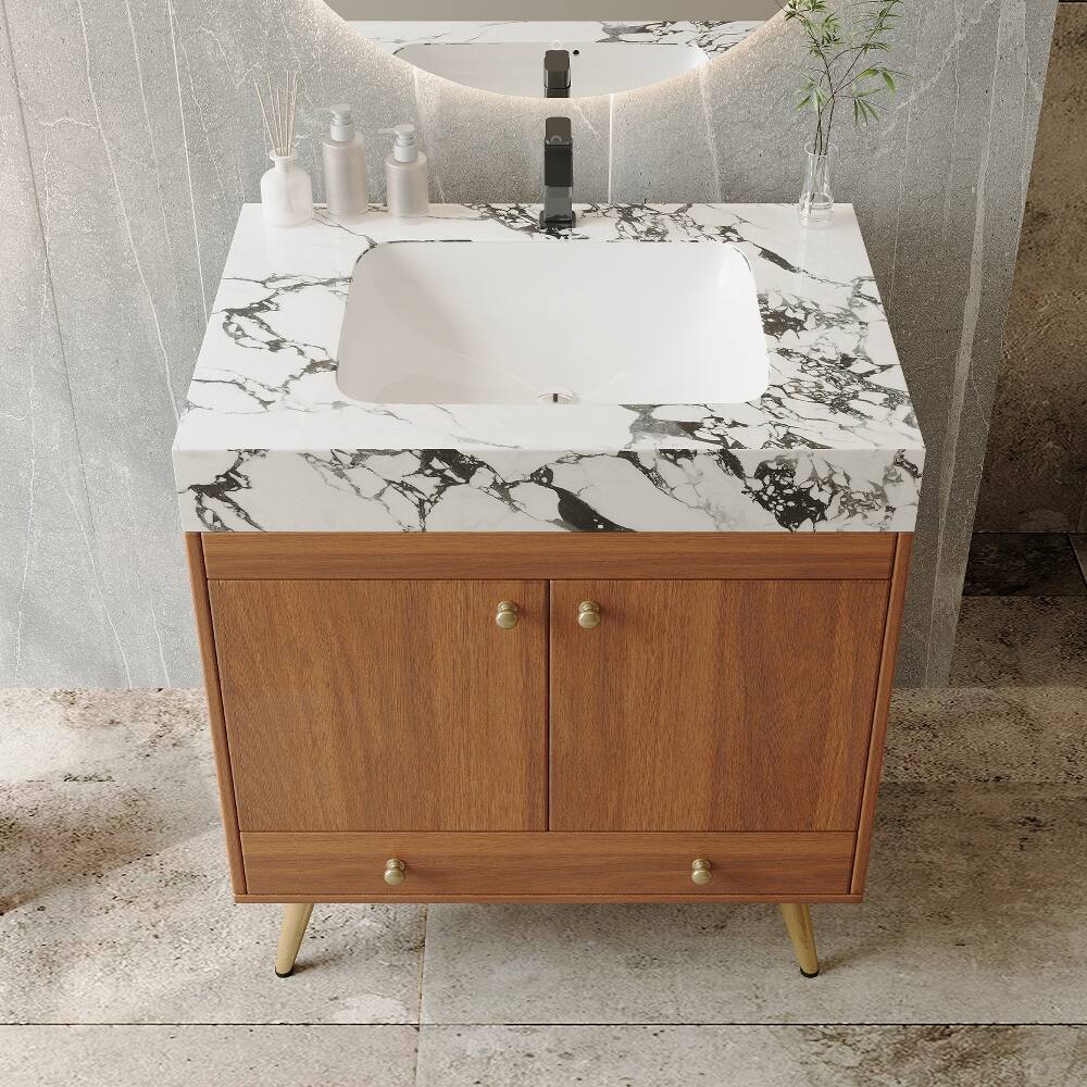Alt View 1. Loheer - Loheer 30 inch bathroom vanity Freestanding Faux Marble Top Ceramic Sink Walnut - Walnut.
