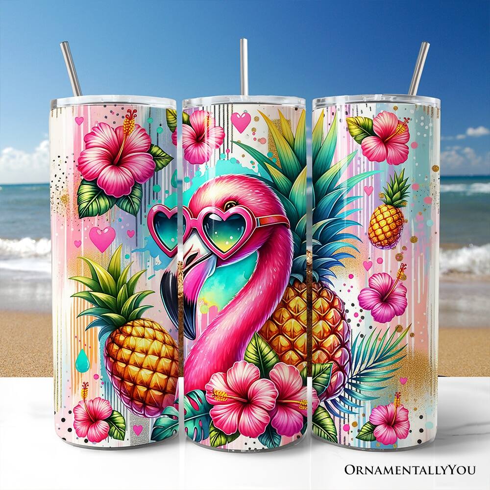Left. OrnamentallyYou - Tropical Flamingo Pineapple Hibiscus 20oz Tumbler With Lid and Stainless Steel Straw - Multicolored.