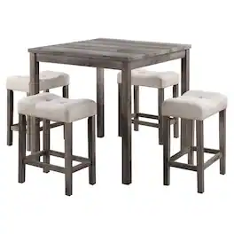Manhattan Lane - 5 Piece Counter Height Table Set with 4 Stools, Beige Fabric, Gray Wood - Gray, Beige