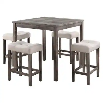 Front. Manhattan Lane - 5 Piece Counter Height Table Set with 4 Stools, Beige Fabric, Gray Wood - Gray, Beige.