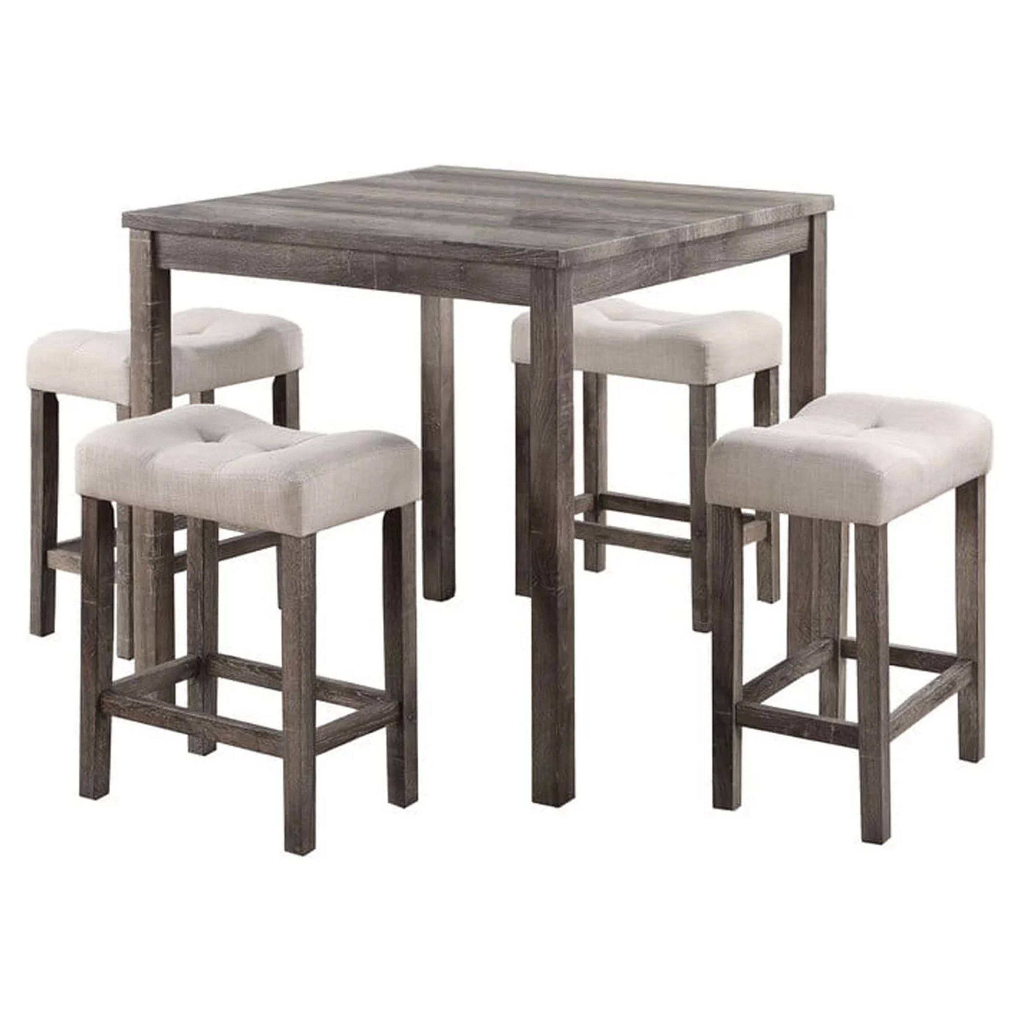 Front. Manhattan Lane - 5 Piece Counter Height Table Set with 4 Stools, Beige Fabric, Gray Wood - Gray, Beige.