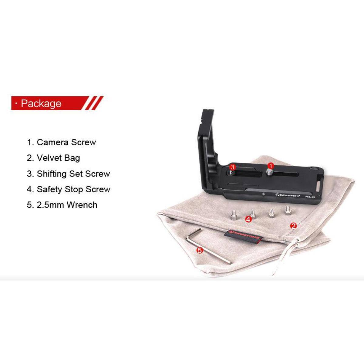 Package

1. Camera Screw
2. Velvet Bag
3. Shifting Set Screw
4. Safety Stop Screw
5. 2.5mm Wrench