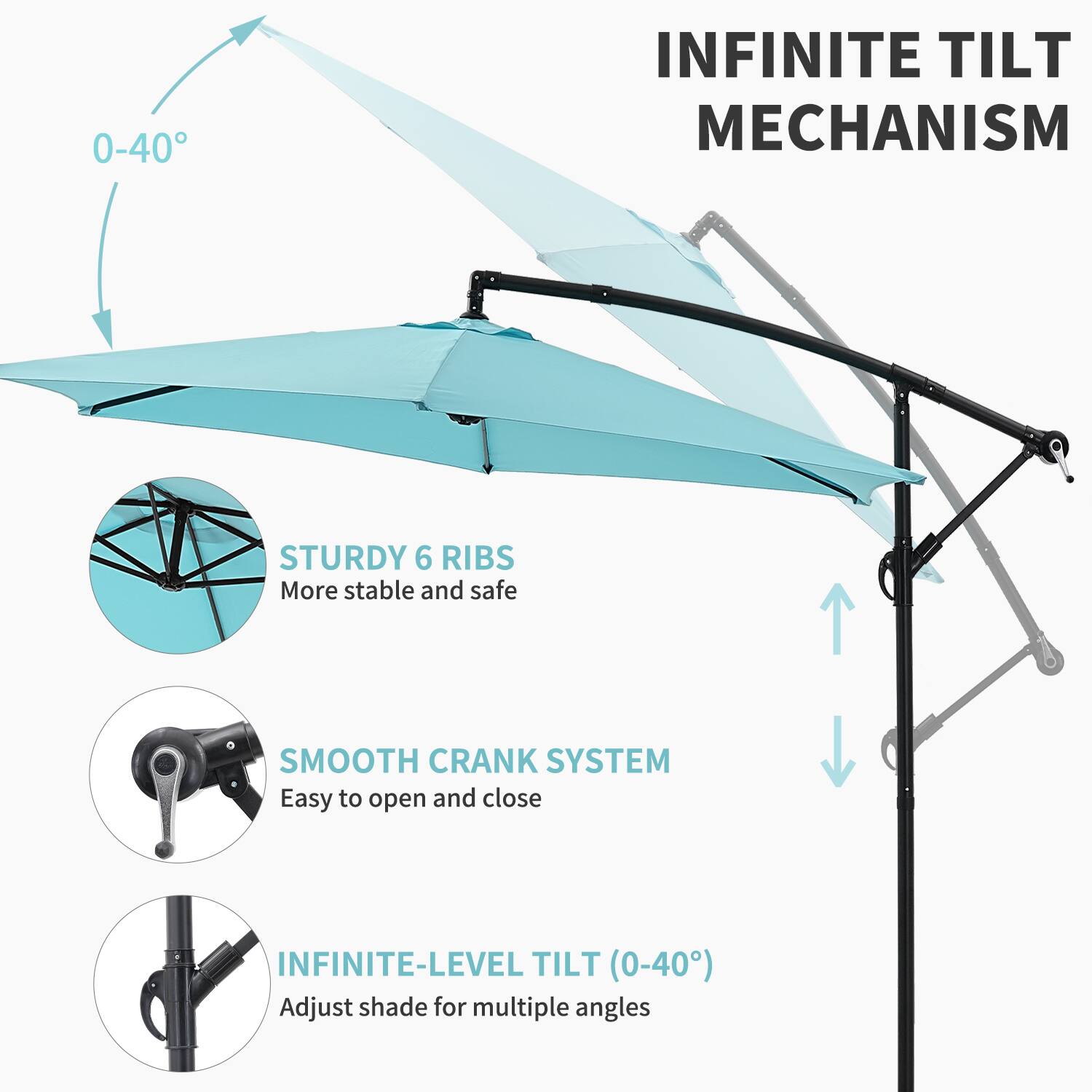 0-40°
INFINITE TILT MECHANISM
STURDY 6 RIBS More stable and safe
SMOOTH CRANK SYSTEM Easy to open and close
INFINITE-LEVEL TILT (0-40°) Adjust shade for multiple angles
