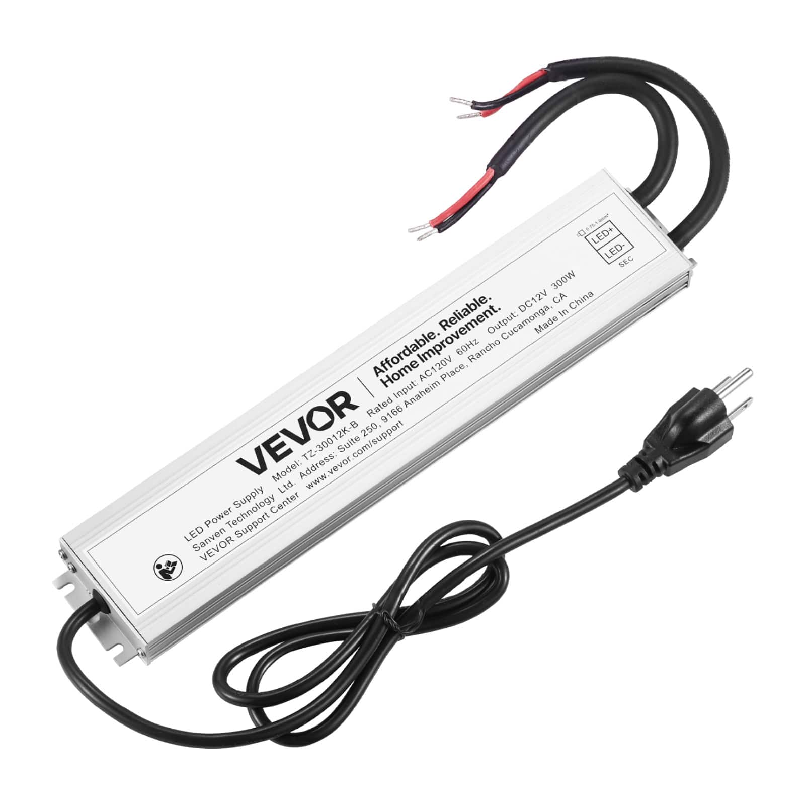 VEVOR - LED Driver 300 Watts, 12V DC, Waterproof IP67 Low Voltage Power Supply Transformer, AC to DC Converter with Plug - Silver