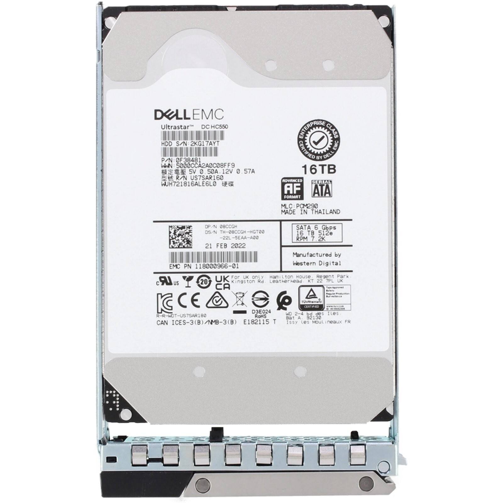 DELL EMC  
Ultrastar DC HC550  
HDD S/N 2KG17AYT  
P/N 0F38481  
WWN 5S0C0CCA2ADCO8FF9  
R/N US7SAR160  
HUH721816ALE6LO  
16TB  
AF  
ATA FORMAT  
MLC PME30  
MADE IN THAILAND  
SATA 6 Gb/s  
RPM 7.2K  
21 FEB 2022  
Manufactured by Western Digital  
EMC PN 118000966-01  
For UK only  
House nn Park LR 20 UK Kingston Rd Leatherhead KT 22  
CE CRTRS D38024  
ON 2-4 bd 00 fies -R-WOT-UST5AR100 Roms A 2130 R CAN ICES-3(B)/NMB-3(B) E182115 T ISSY Les MOUL neaux FR