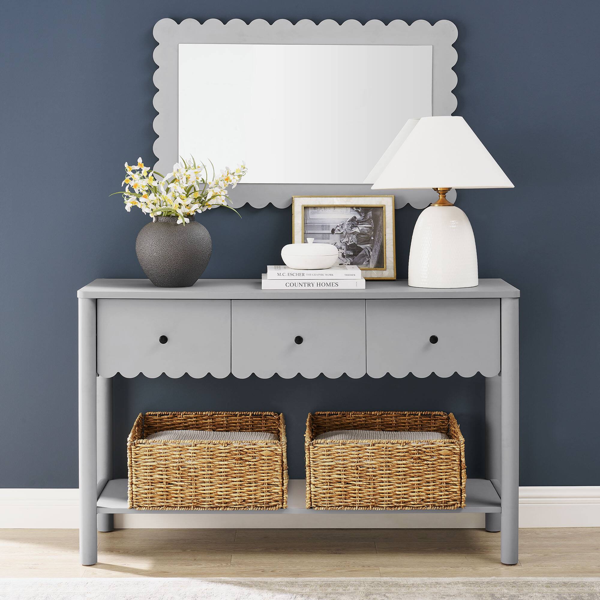 Emmeline 3-Drawer Scalloped Console Table by Modway - Light Gray