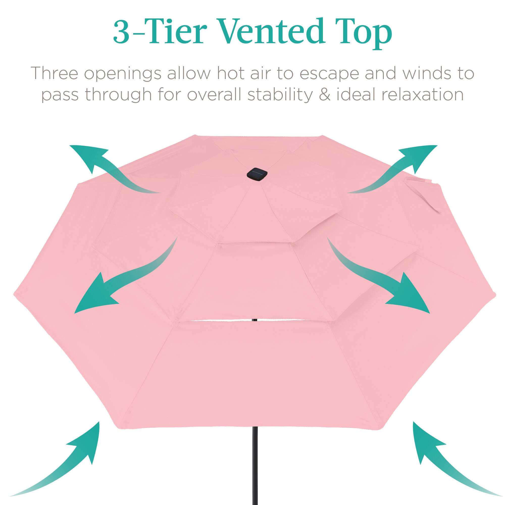 3-Tier Vented Top

Three openings allow hot air to escape and winds to pass through for overall stability & ideal relaxation