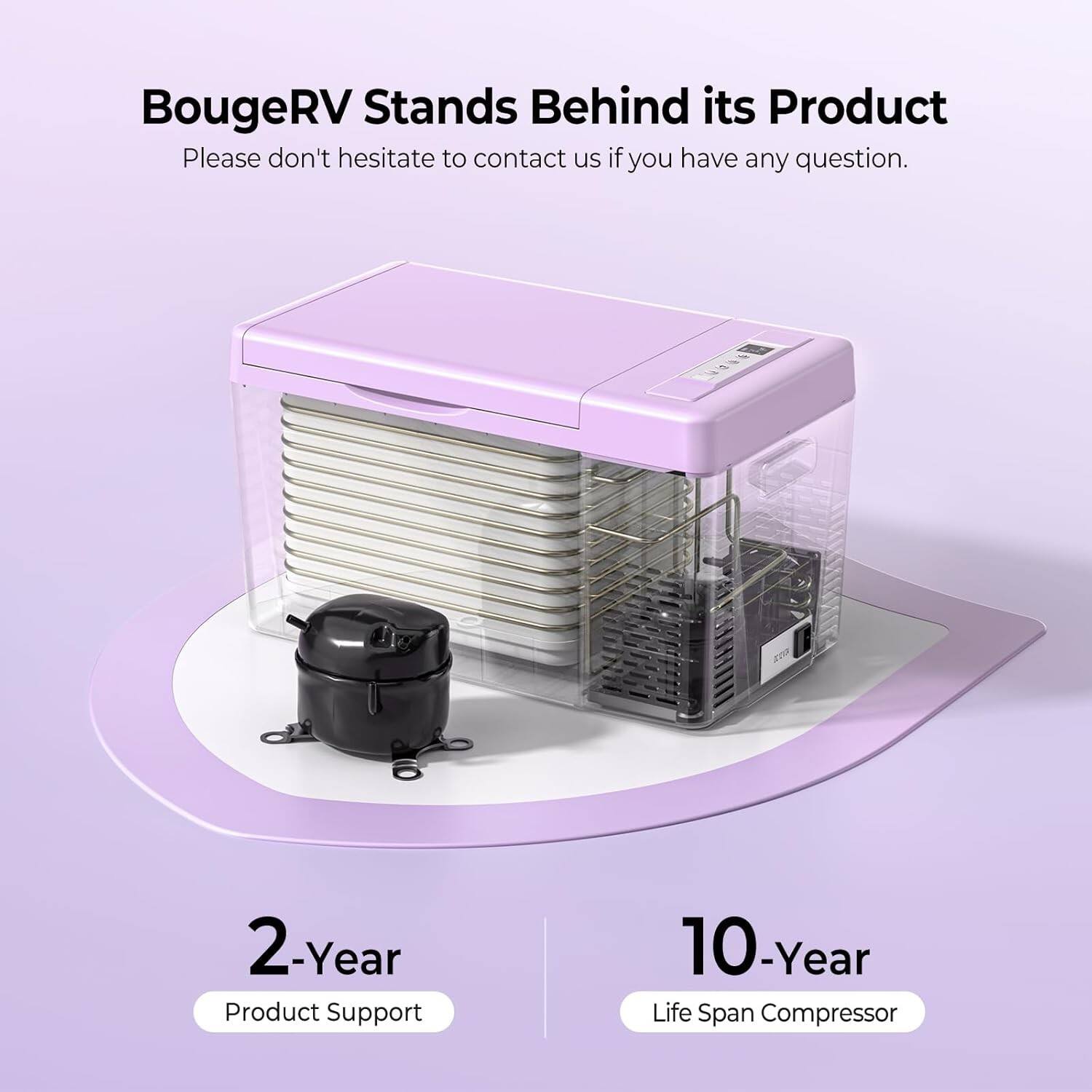 BougeRV Stands Behind its Product  
Please don't hesitate to contact us if you have any question.  

2-Year Product Support  
10-Year Life Span Compressor