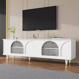 APRILSOUL - Contemporary TV Stand for TVs Up to 78 Gold Handles Arch Fluted Glass Living Room - White