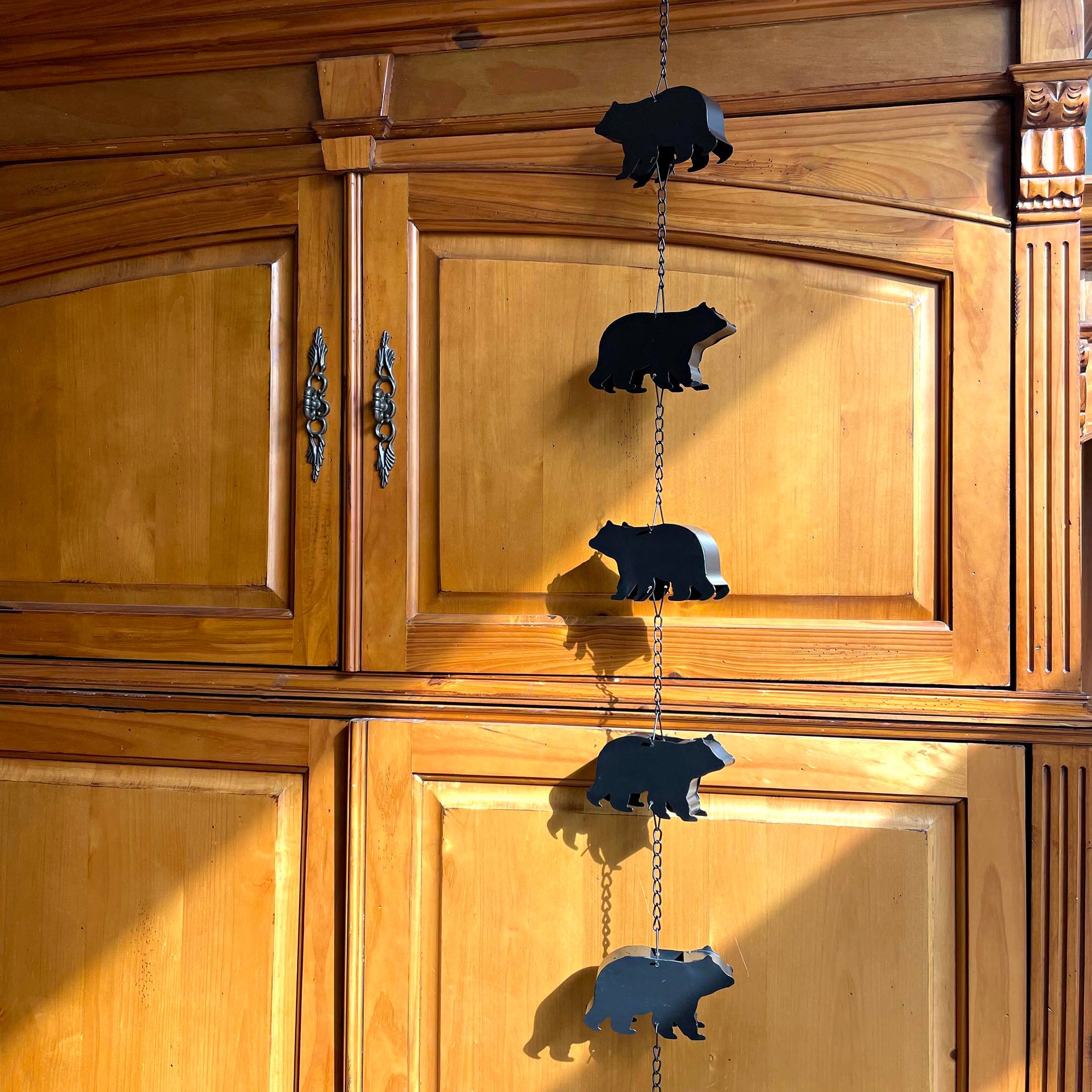 Alt View 5. Things2Die4 - Black Bear Rain Chain - 75" Long with 8 3D Bear Designs, Weighted Bell - Black.