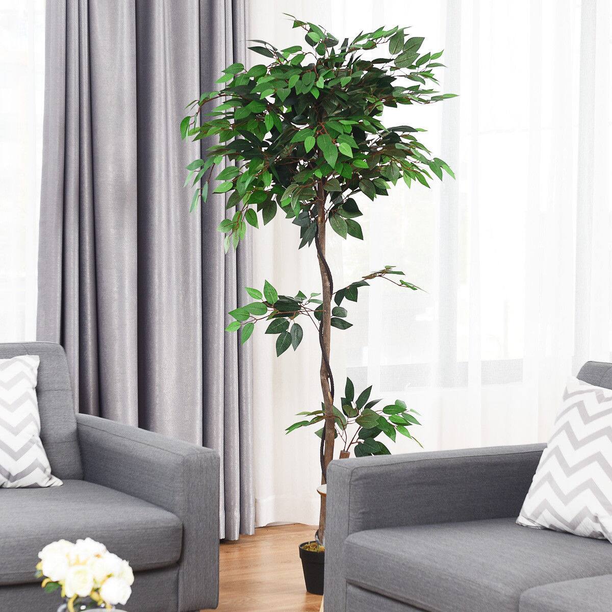 Alt View 4. Costway - Costway 5.5-Feet Artificial Ficus Silk Tree Wood Trunks Green Outdoor Home Decor - Green.