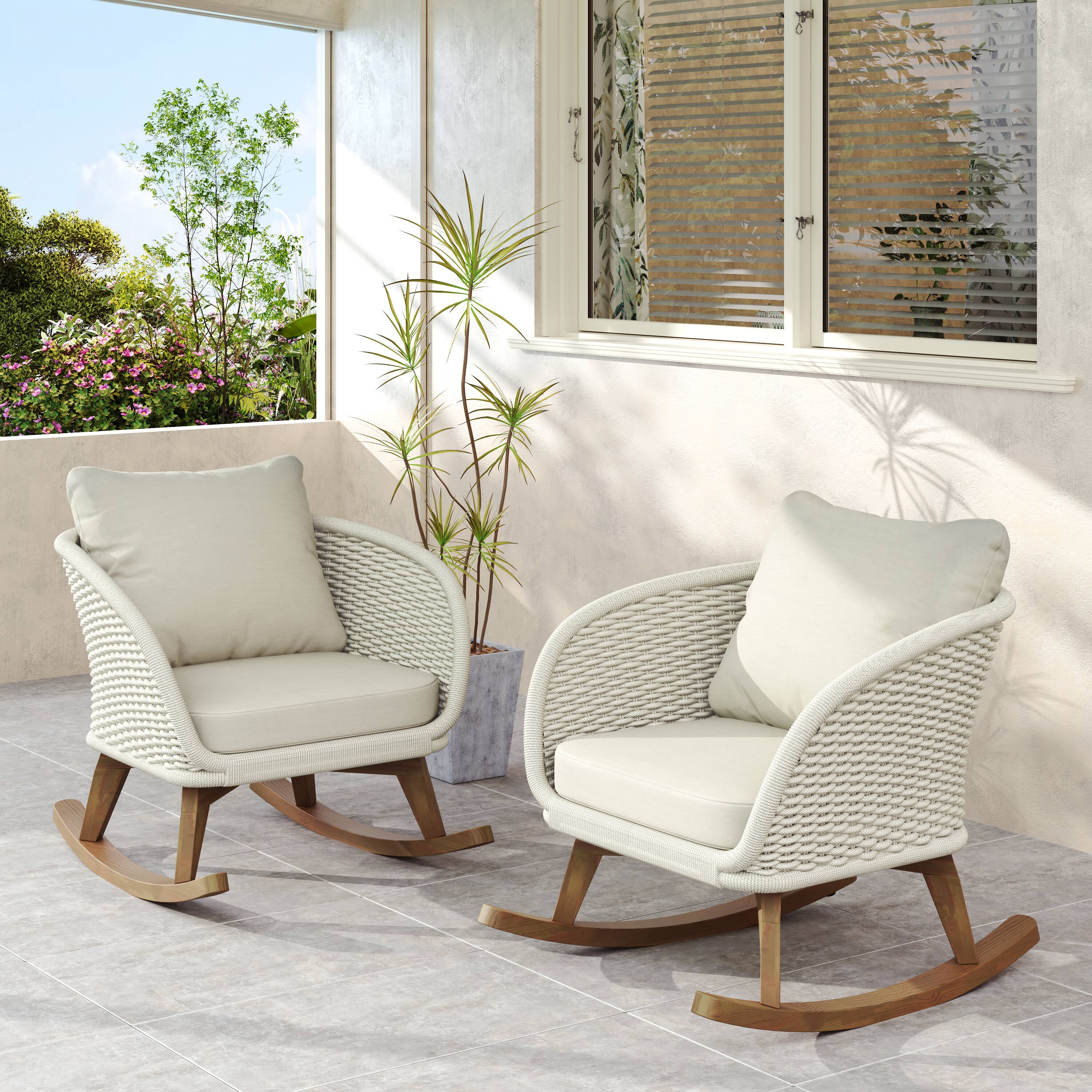 Angle. Tiramisubest - [Set of 2] Minimalist Wicker Rocking Chair with Cushions and Wooden Frame for Indoor and Outdoor Spaces,Beige - Beige+Natural.