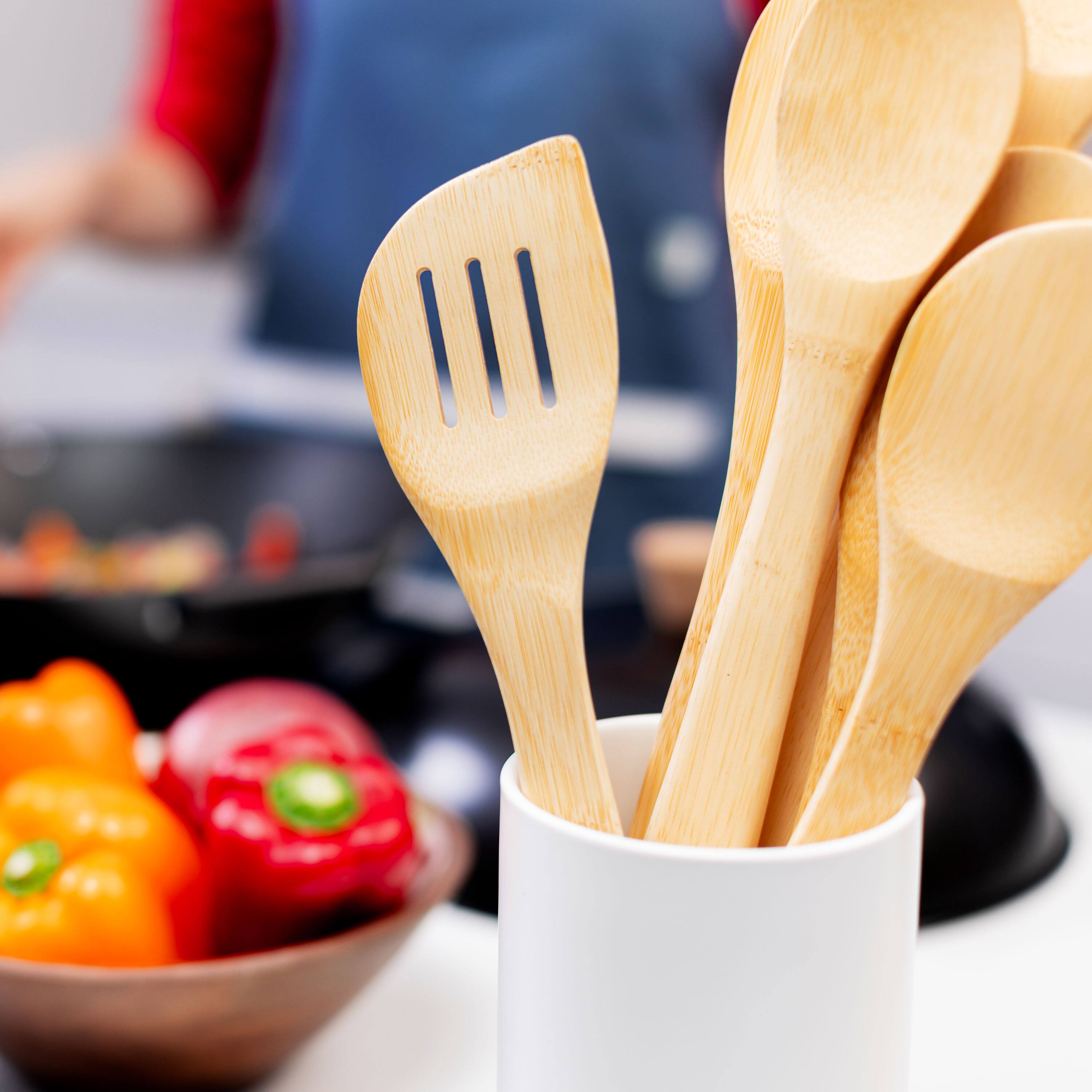 Left. Escali - Joyce Chen Burnished Bamboo Slotted Spatula, 13-Inch - Natural.