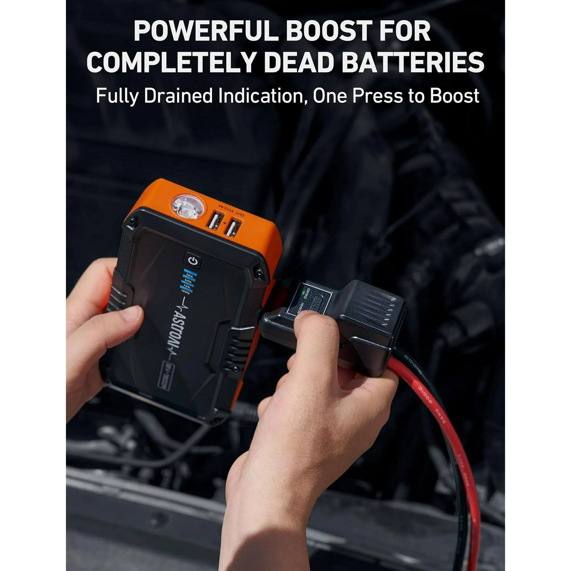POWERFUL BOOST FOR COMPLETELY DEAD BATTERIES
Fully Drained Indication, One Press to Boost