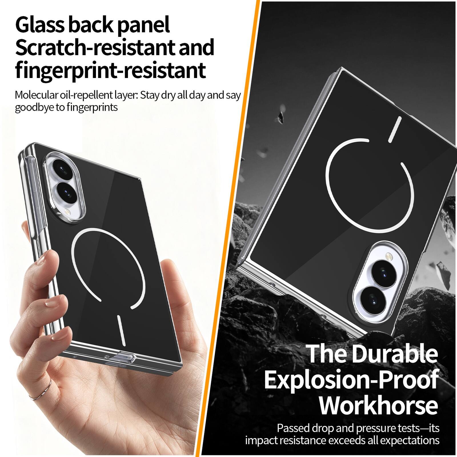Glass back panel Scratch-resistant and fingerprint-resistant  
Molecular oil-repellent layer: Stay dry all day and say goodbye to fingerprints  

The Durable Explosion-Proof Workhorse  
Passed drop and pressure tests—its impact resistance exceeds all expectations