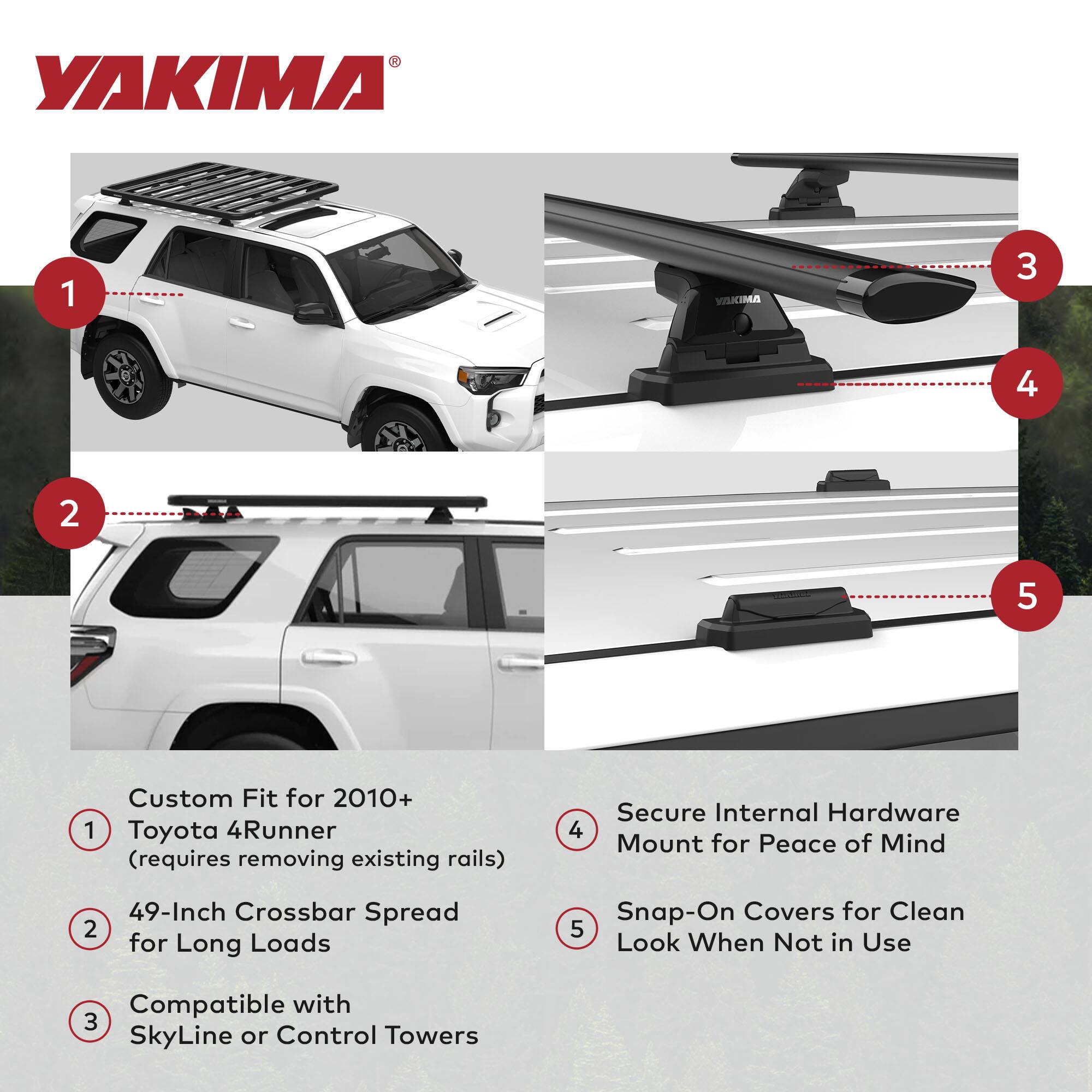 YAKIMA

1. Custom Fit for 2010+ Toyota 4Runner (requires removing existing rails)
2. 49-Inch Crossbar Spread for Long Loads
3. Compatible with SkyLine or Control Towers
4. Secure Internal Hardware Mount for Peace of Mind
5. Snap-On Covers for Clean Look When Not in Use
