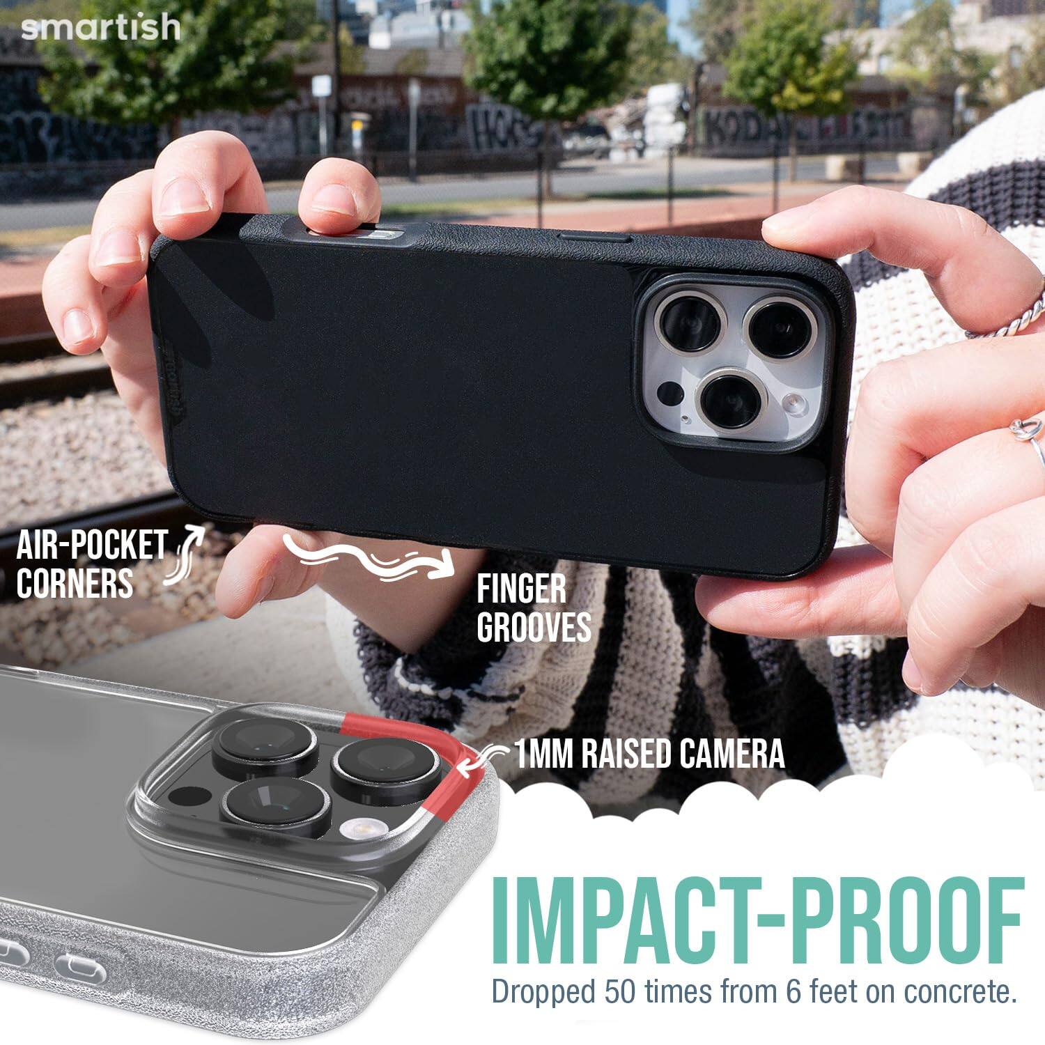 smartish  
AIR-POCKET CORNERS  
FINGER GROOVES  
1MM RAISED CAMERA  
IMPACT-PROOF  
Dropped 50 times from 6 feet on concrete.
