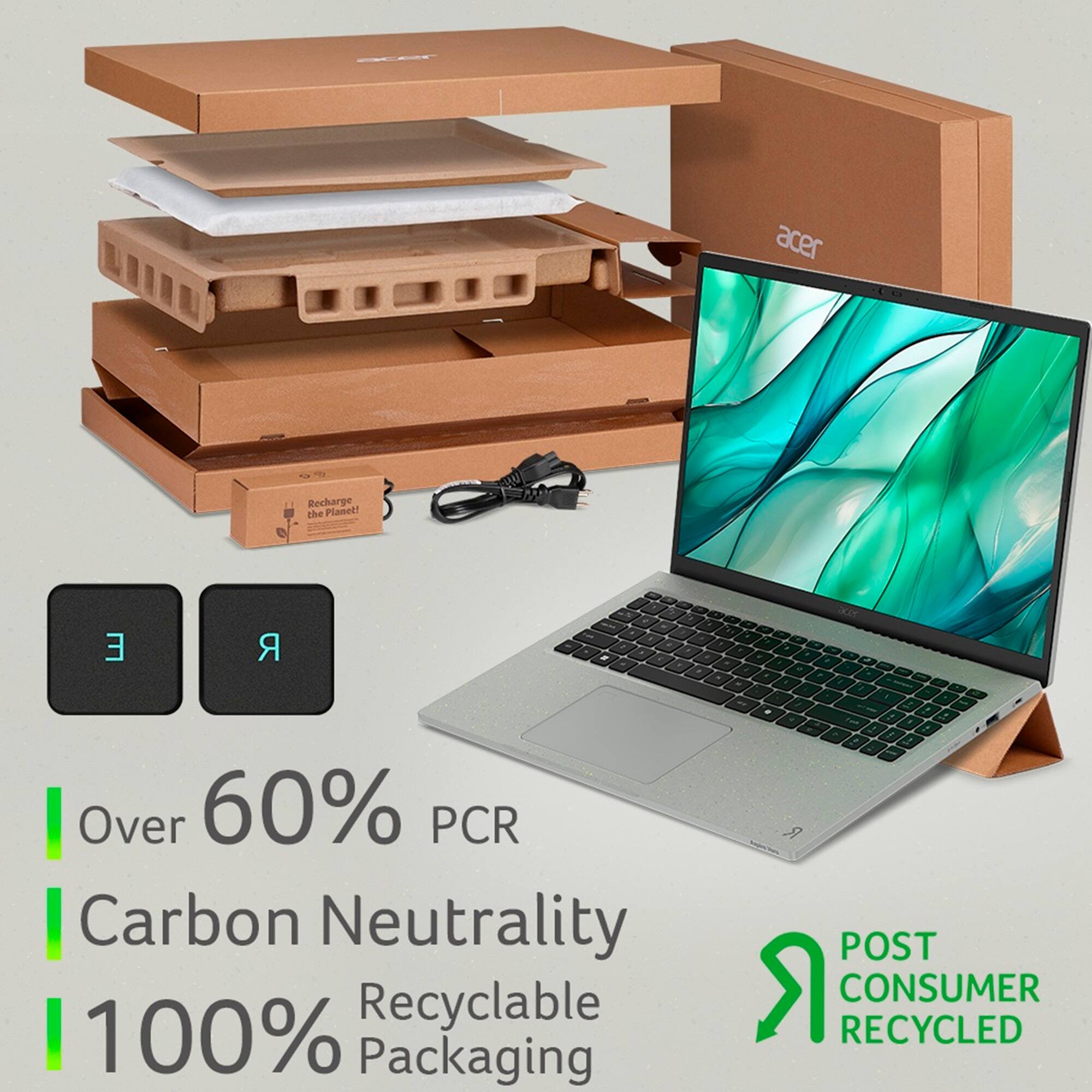 acer Recharge the Planet! Over 60% PCR Carbon Neutrality Recyclable 100% Packaging POST CONSUMER RECYCLED