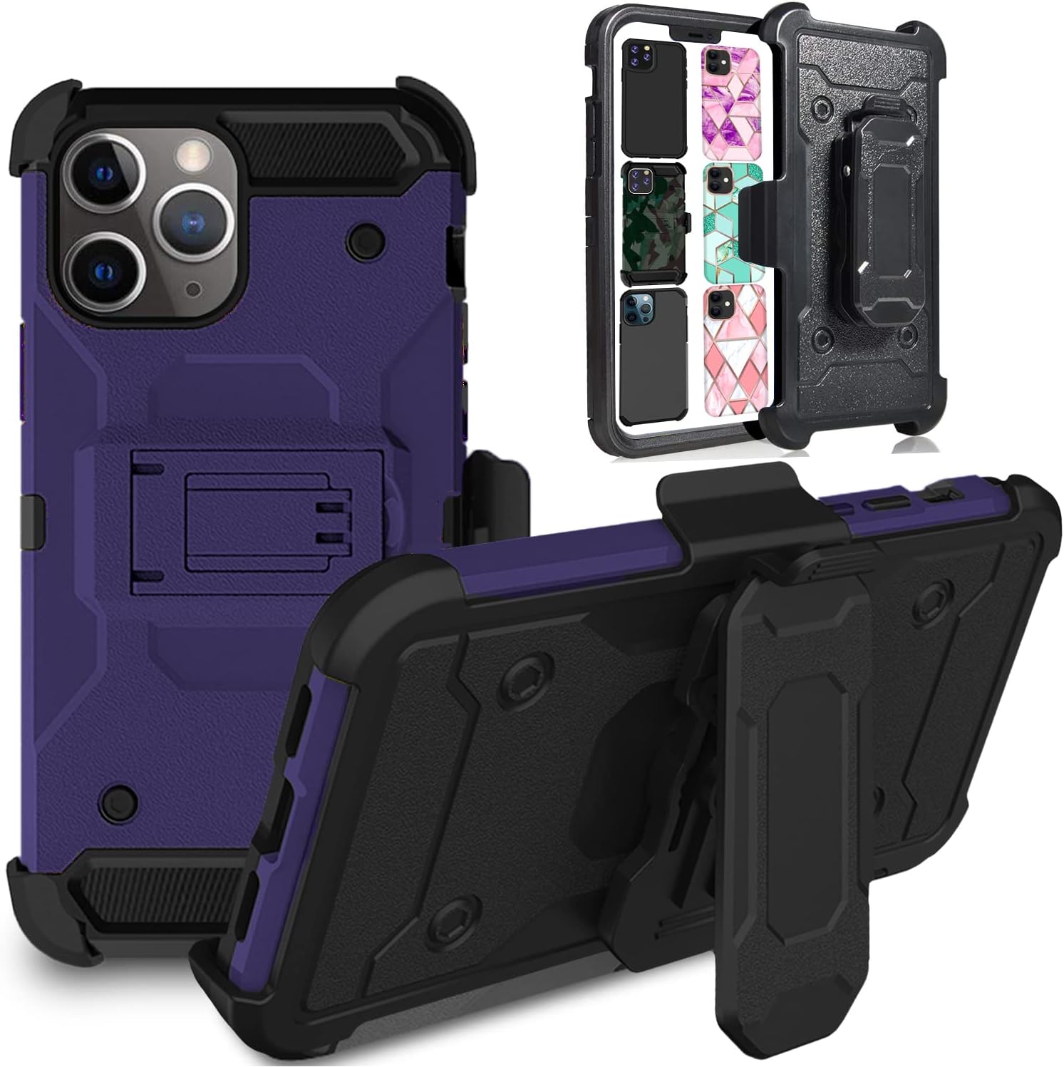 Front. DuraSafe Cases - iPhone 11 PRO - 5.8" 3-Layer Rugged Armor Phone Case with Kickstand - Navy Blue(With Holster).