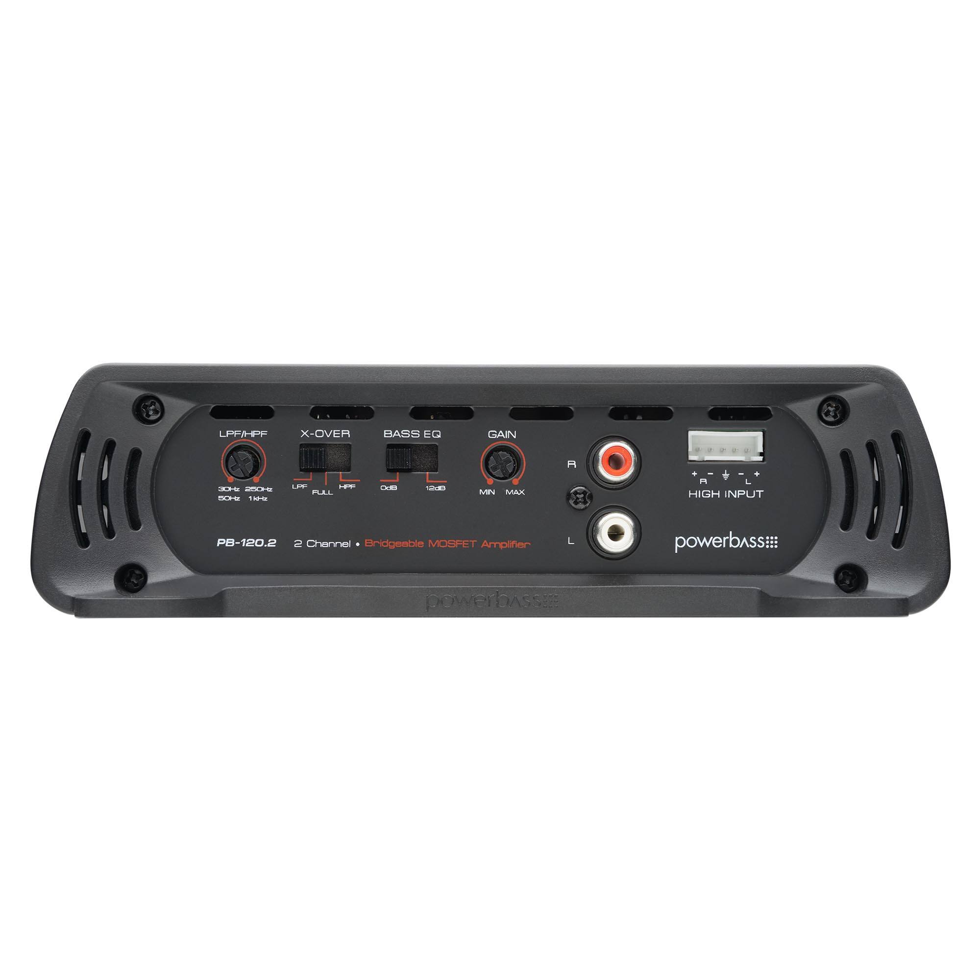 X-OVER BASS EQ GAIN  
H - - *W 1 - - PLAL TE  
M AK L HIGH INPUT  
PB-120.2 2 Channel Bridgeable MOSFET Amplifier  
powerbass