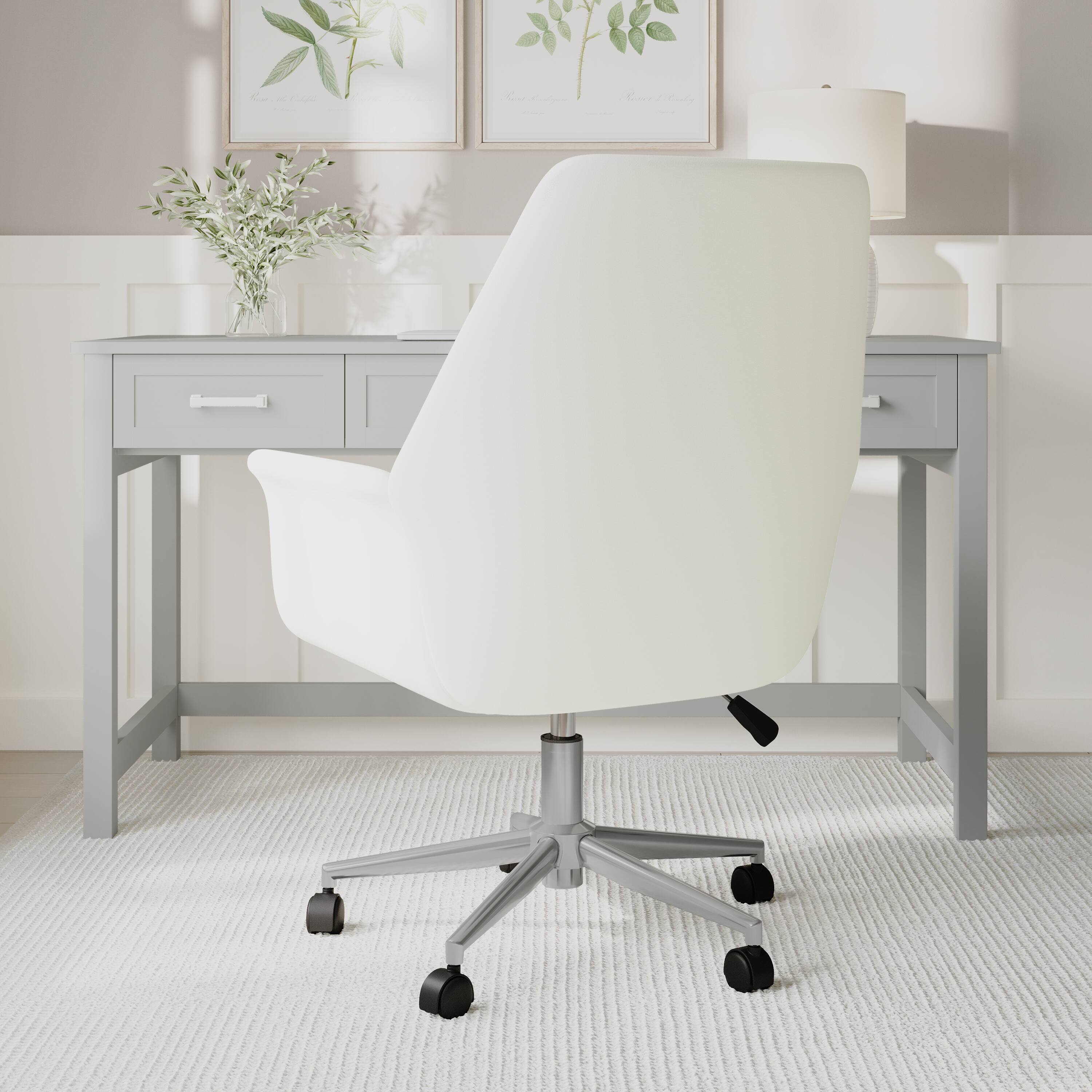 Alt View 5. Martha Stewart - Maxine Upholstered Swivel Home Office Chair with Flared Arms - White Faux Leather/Polished Nickel Frame.