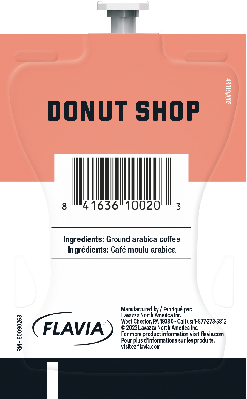 DONUT SHOP  
48019/A/02  
8 41636 10020 3  

Ingredients: Ground arabica coffee  
Ingrédients: Café moulu arabica  

Manufactured by / Fabriqué par: Lavazza North America Inc.  
West Chester, PA 19380 - Call us: 1-877-273-5812  

© 2023 Lavazza North America Inc.  
For more product information visit flavia.com  
Pour plus d'informations sur les produits, visitez flavia.com