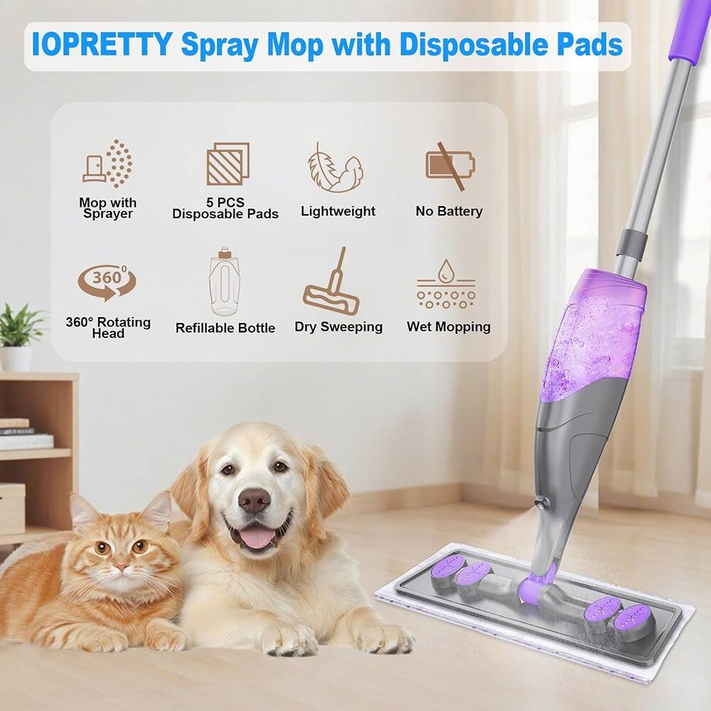 IOPRETTY Spray Mop with Disposable Pads

- Mop with Sprayer
- 5 PCS Disposable Pads
- Lightweight
- No Battery
- 360° Rotating Head
- Refillable Bottle
- Dry Sweeping
- Wet Mopping