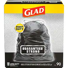 GLAD
HEAVY DUTY
GUARANTEED STRONG
LARGE TRASH
113.6 U 2FT 2 6 IN X 2 FT 9 IN X 0.5 MIL (76.2 CM X 83.8 CM X 26)
90