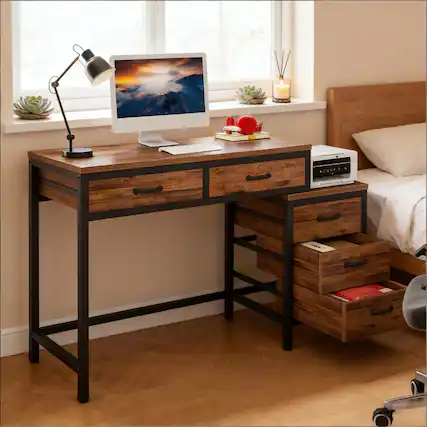 Front. Forest'nSky - Modern Computer Desk with Drawer Cabinet, Writing Table & Spacious Office Workstation,Rustic Brown - Rustic Brown.