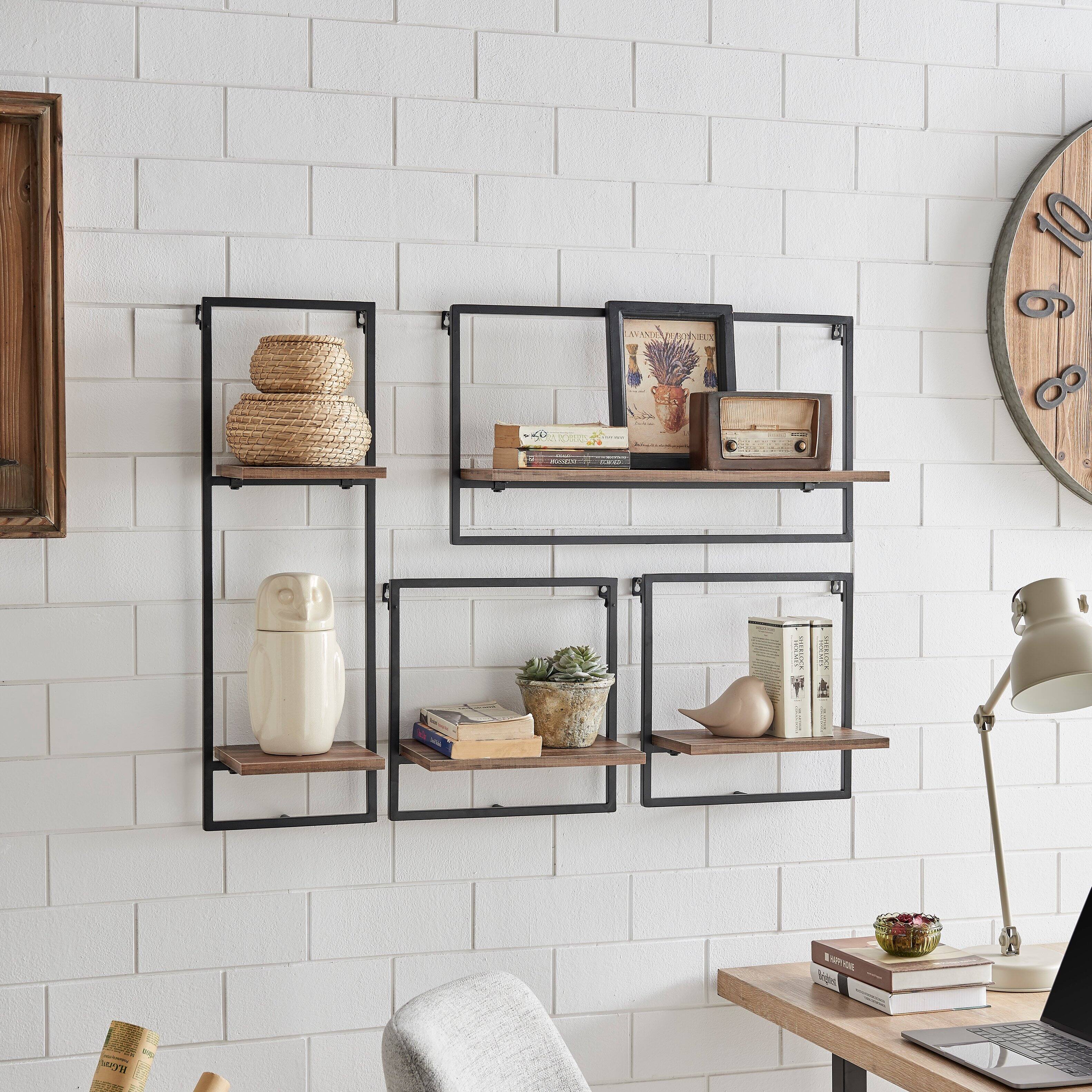 Back. Danya B - Framed 4-Piece Shelf Set - Black Metal Frame and Rustic Distressed MDF Shelves - Black, Rustic Brown.