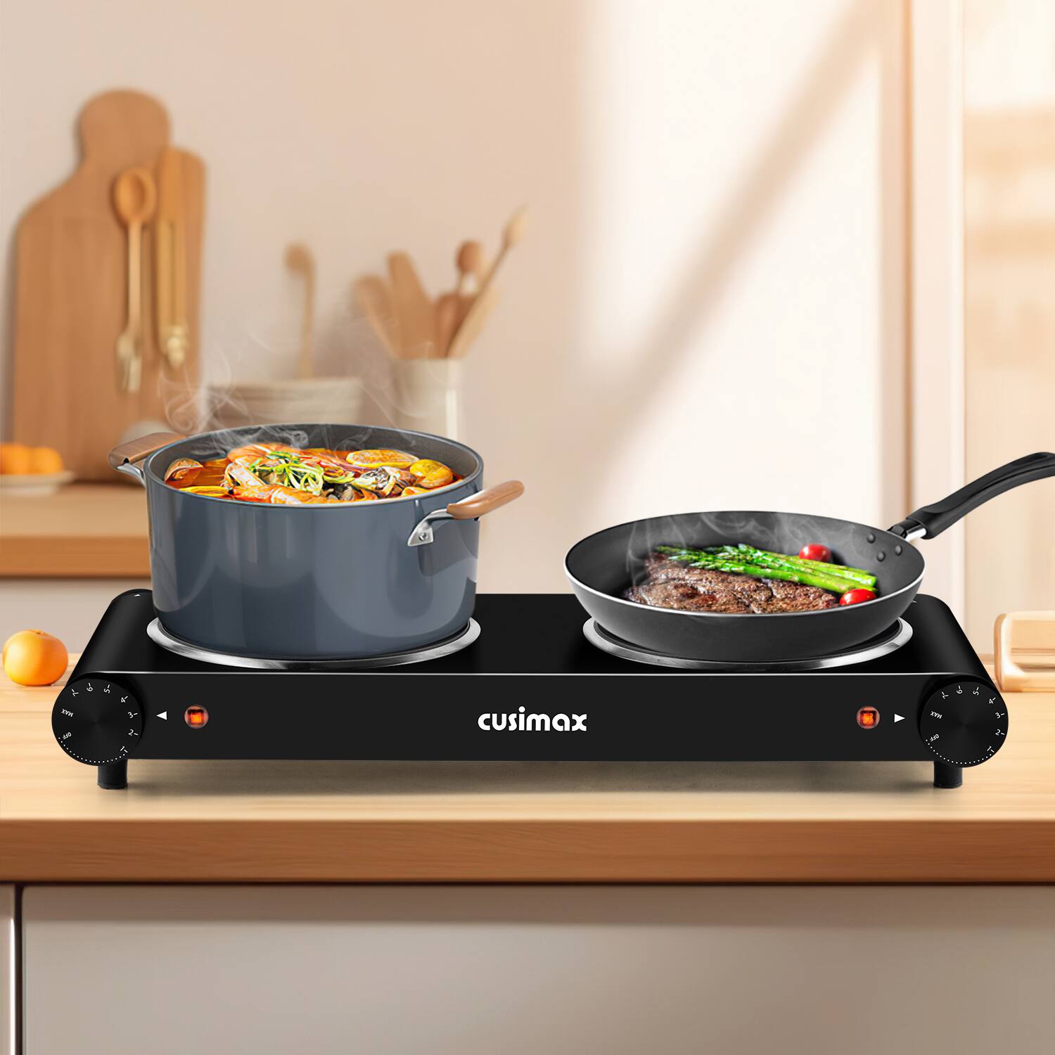 Angle. Cusimax - Portable Two 7.1" Burner 1800W Electric Hot Plate Infrared Glass Temper Control Cooktop For Dorm Office Coffee - Black.
