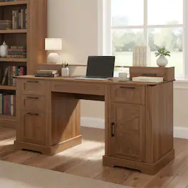 TinyHomie - 59INCH Farmhouse Office Desk Charging Station Storage Cabinet Barn Door Design Desk File Drawer Dark Walnut - Brown