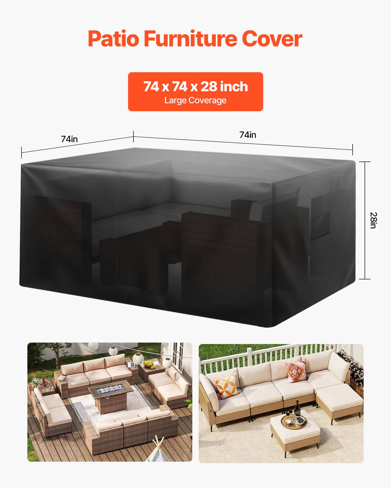 Patio Furniture Cover, 74 x 74 x 28 inch, Large Coverage, 74in, 74in, 28in