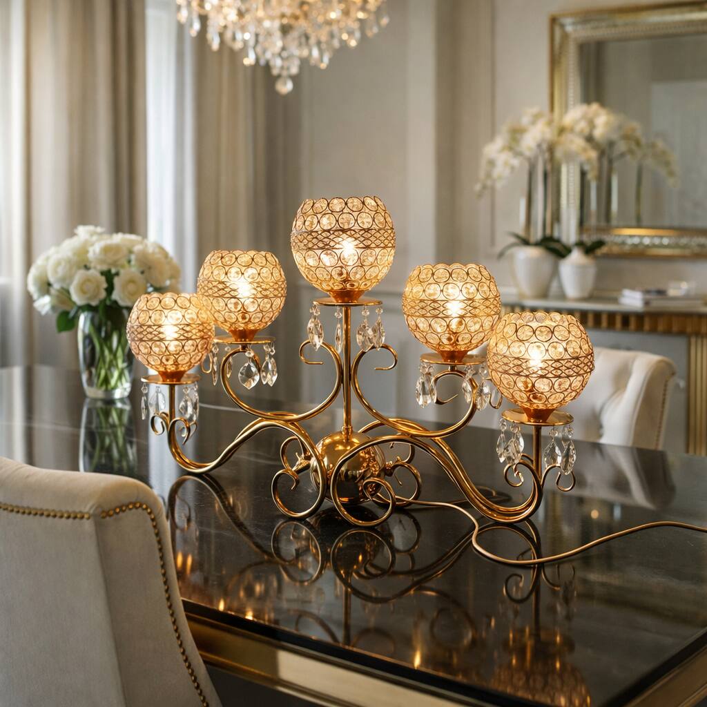 Front. FC Design - 15"H Gold Scroll Arm Chandelier w/ Faux Crystal Mesh Globes Touch Lamp.
