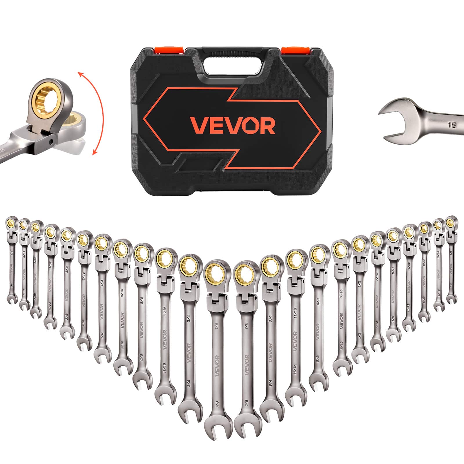 VEVOR - Flex-Head Ratcheting Wrench Set, 24-Piece SAE and Metric, 72 Teeth, Cr-V Steel Ratchet Flexible Combination Wrench Set - Bronze/Gray Nickel