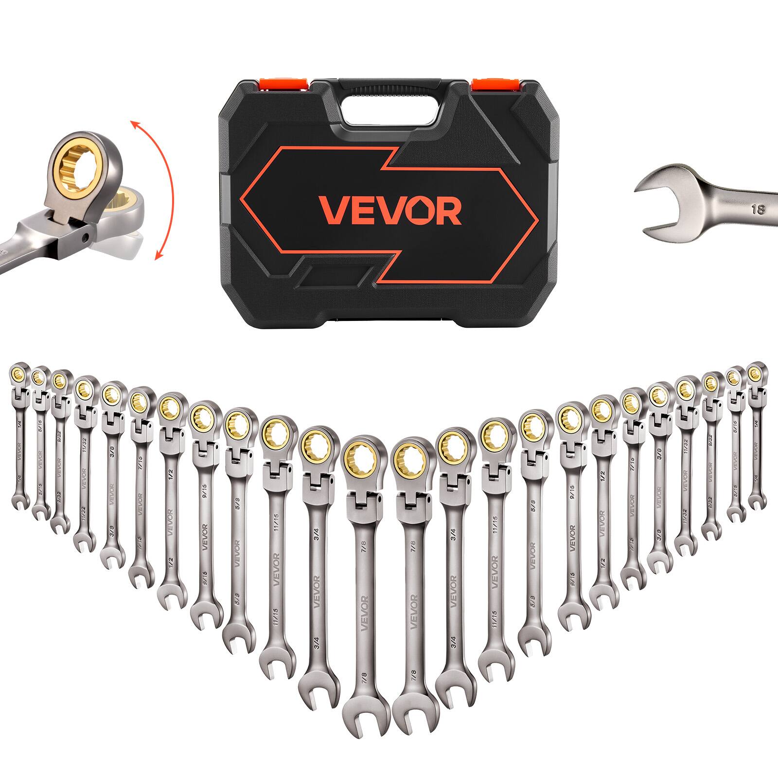 VEVOR - Flex-Head Ratcheting Wrench Set, 24-Piece SAE and Metric, 72 Teeth, Cr-V Steel Ratchet Flexible Combination Wrench Set - Bronze/Gray Nickel
