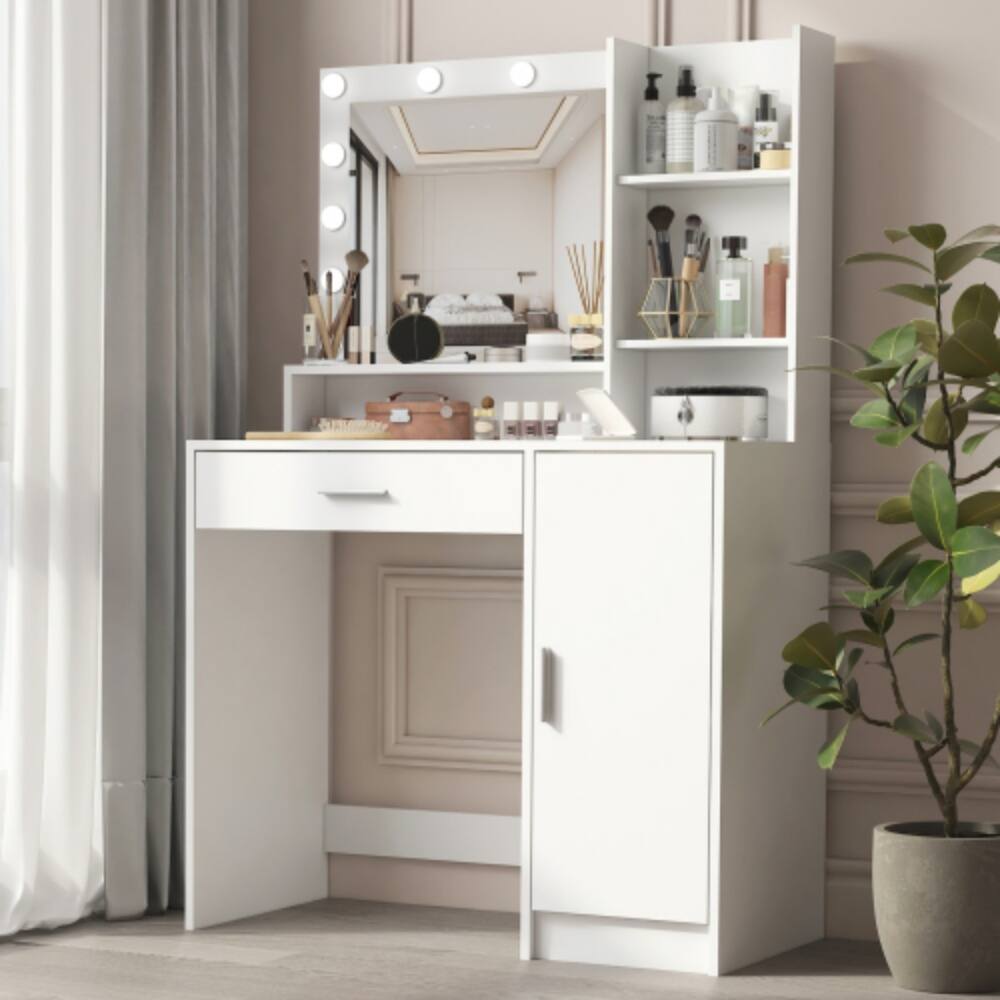 Alt View 2. LUCKY ONE - Vanity Desk with 12-Bulb LED Mirror, Large Drawer, 3 Shelves and 3 Cabinets for Bedroom - White.