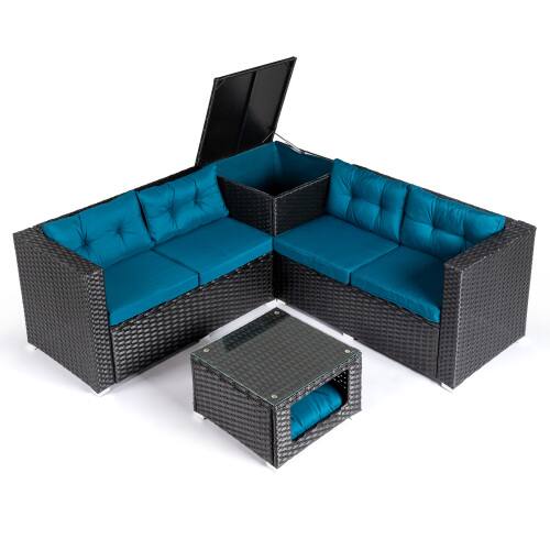 Alt View 1. Winado - 4PCS Patio Rattan Wicker Furniture Sets w/ Glass Top Coffee Table with Pet Ped, Hidden Storage In/Outdoor Garden Balcony - Black & Peacock Green Cushion.