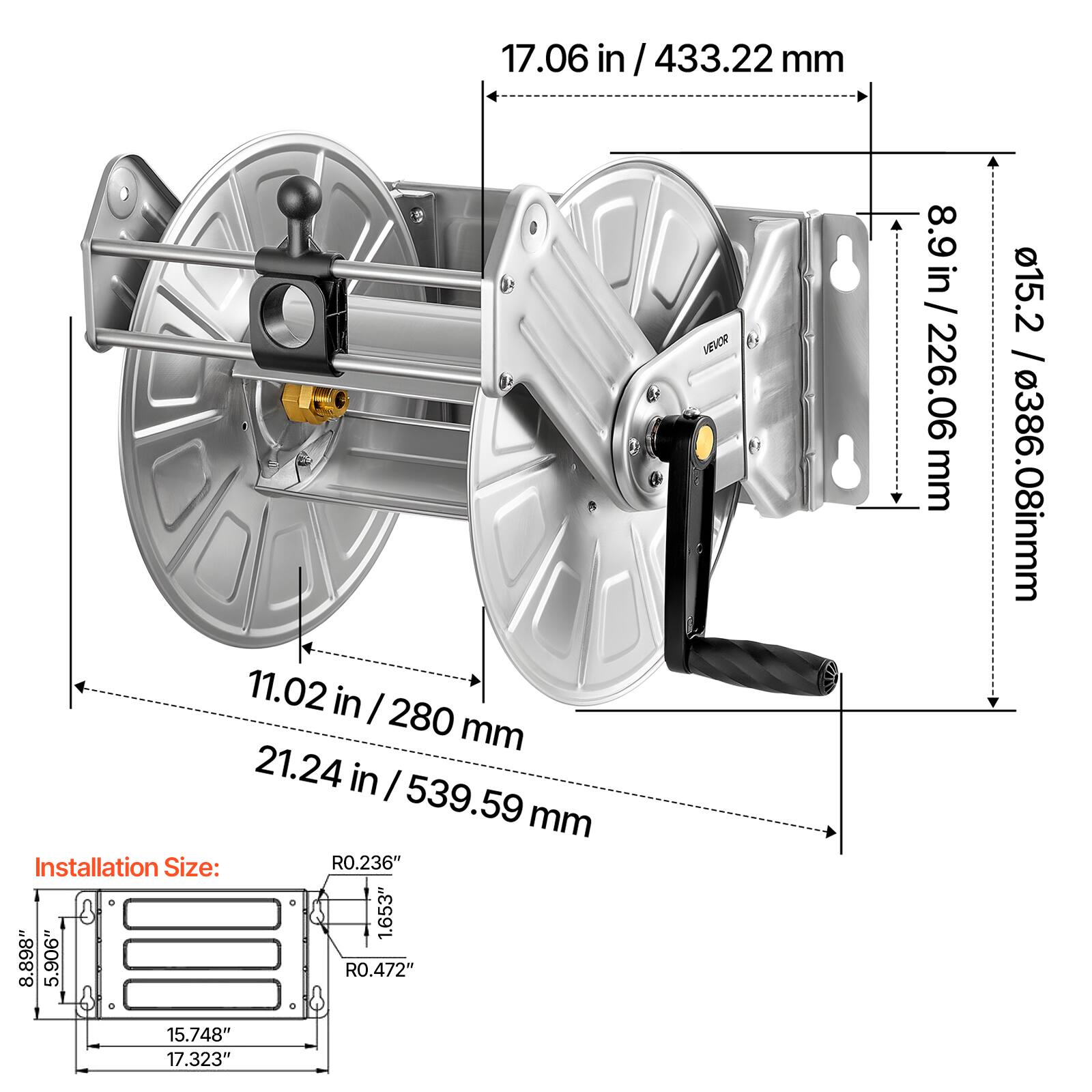 17.06 in / 433.22 mm  
11.02 in / 280 mm  
21.24 in / 539.59 mm  

Installation Size:  
R0.236"  
1.653"  
8.898"  
5.906"  
R0.472"  

HEVOR  
8.9 in / 226.06 mm  

15.2 / 386.08 mm  
15.748"  
17.323"