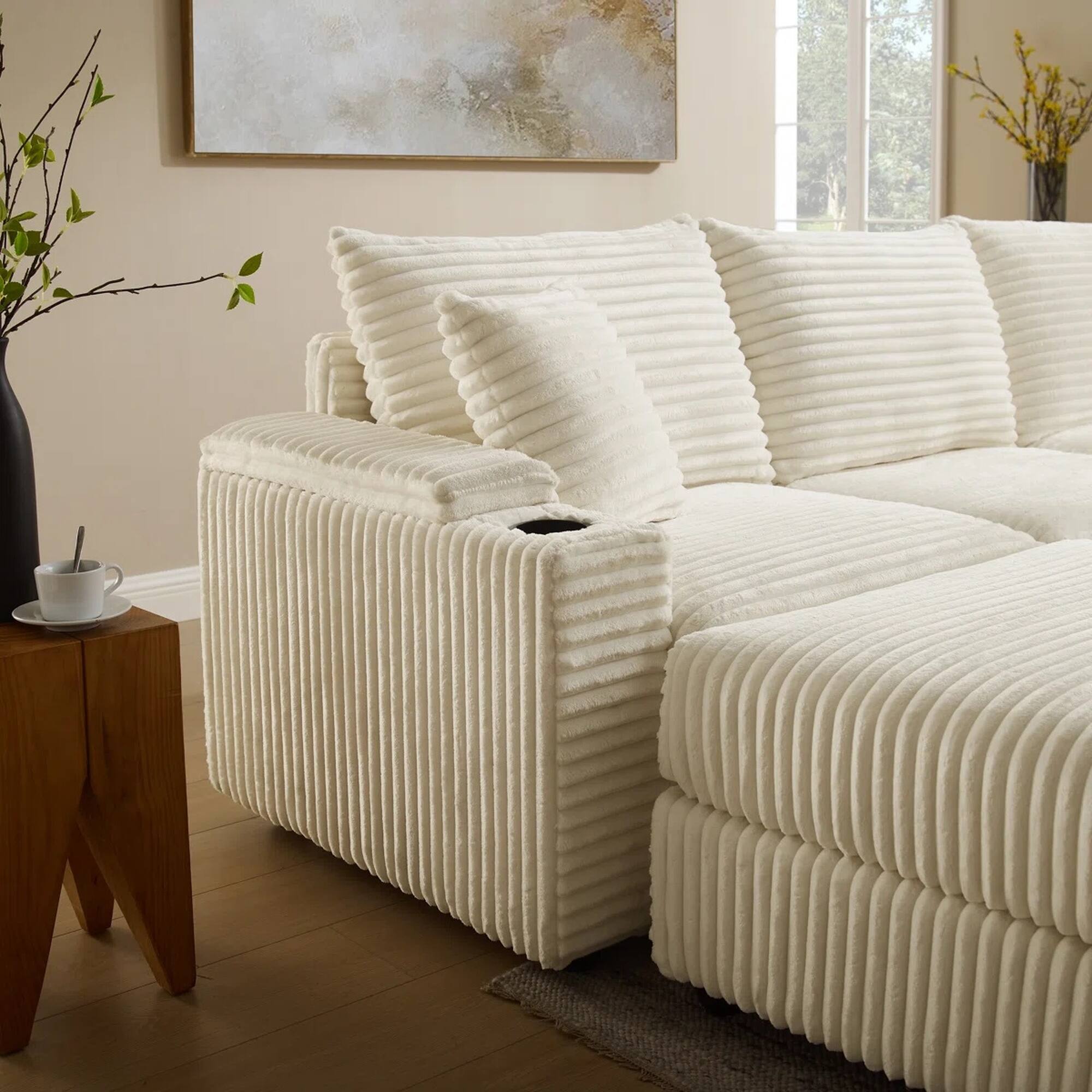 Angle. Yardgrace - 104 Inch L Shaped Modular Sectional Sofa Green Corduroy with Ottoman Charger Cup Holders Armrest Storage - Beige.