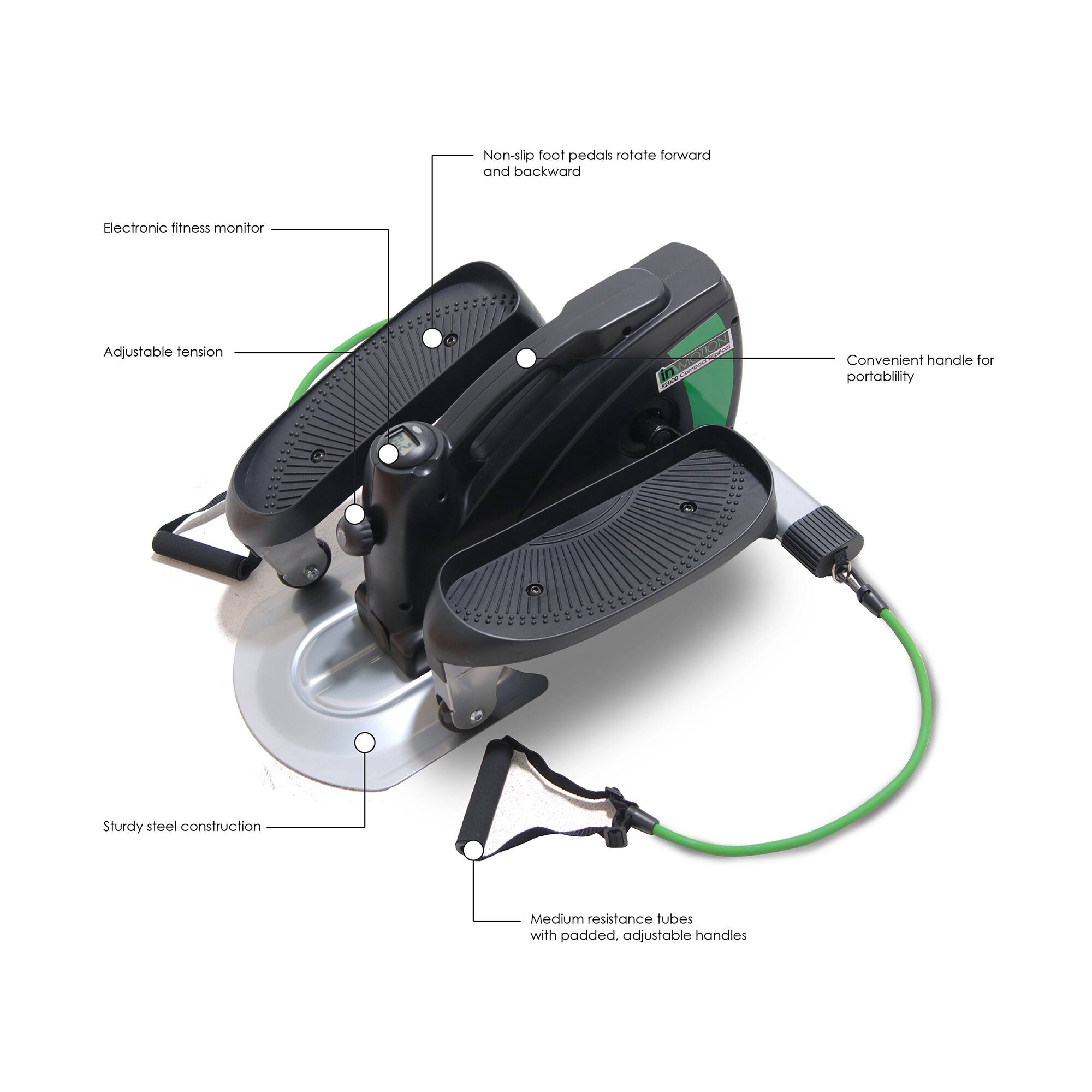 - Non-slip foot pedals rotate forward and backward
- Electronic fitness monitor
- Adjustable tension
- Convenient handle for portability
- Sturdy steel construction
- Medium resistance tubes with padded, adjustable handles