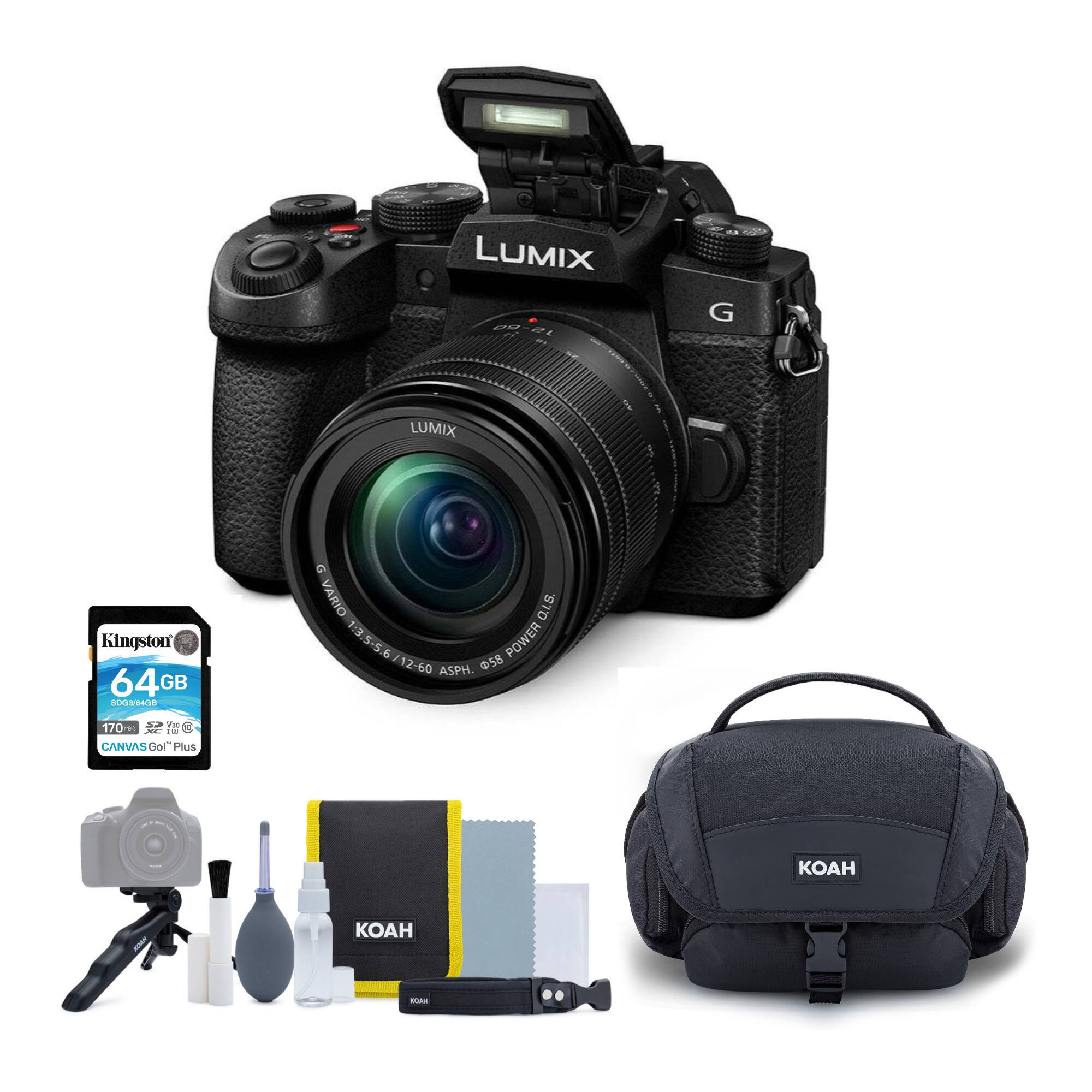 The image features a LUMIX camera with a 3.5-5.6712-60 lens, along with various accessories and items. These include a Kingston 64GB SD card, a 6-inch tripod, a cleaning kit, a bag, a 12-60 ASPH lens, and a 58mm lens. The camera is displayed in a white background, and the items are arranged around it, showcasing the different components and accessories that come with the LUMIX camera.