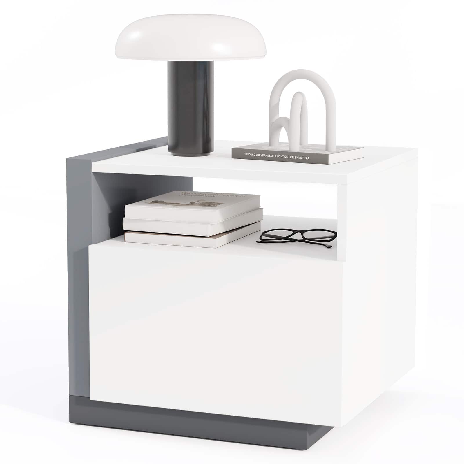 Gymax - Modern Minimalist Nightstand w/ Drawer Asymmetrical Bed Side Table End Table - White, Grey