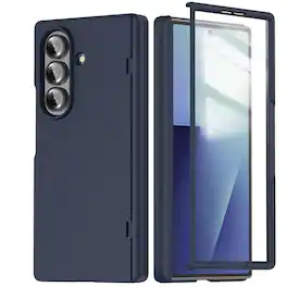 Dteck - Shockproof Case for Samsung Galaxy Z Fold7 with Built-in Glass Screen Protector, Rigid Hard PC Hinge Protective Cover - Darkblue