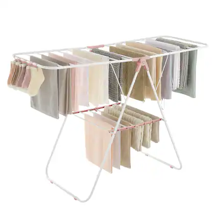 Front. Songmics Home - Clothes Drying Rack, Laundry Rack, Free-Standing Indoor Airer, 21.7 x 58.3 x 39.4 Inches - White and Pink.