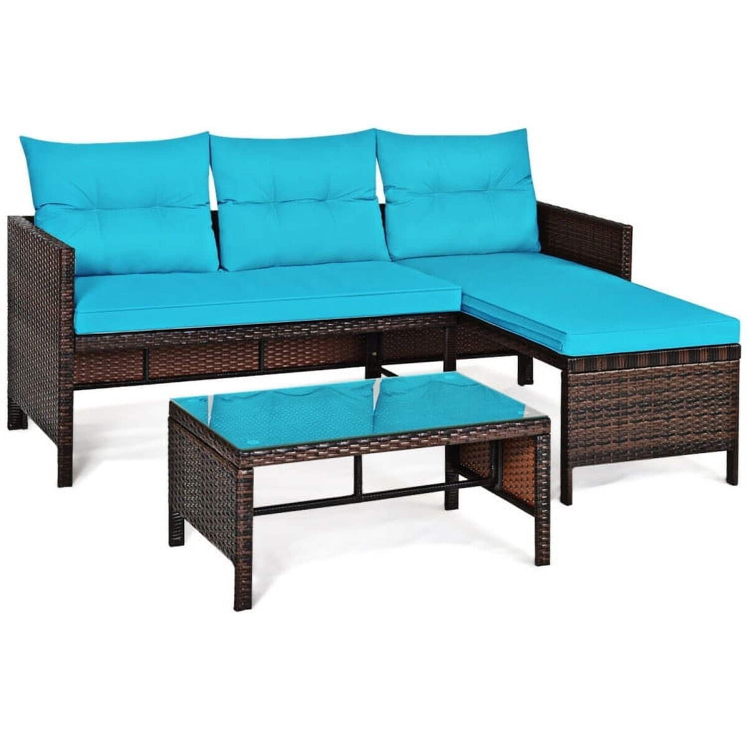 Kadyn - 3 Pcs Outdoor Sectional Sofa, Outdoor Wicker Patio Furniture, All-Weather Rattan Wicker Sofa Small Patio Conversation - Blue